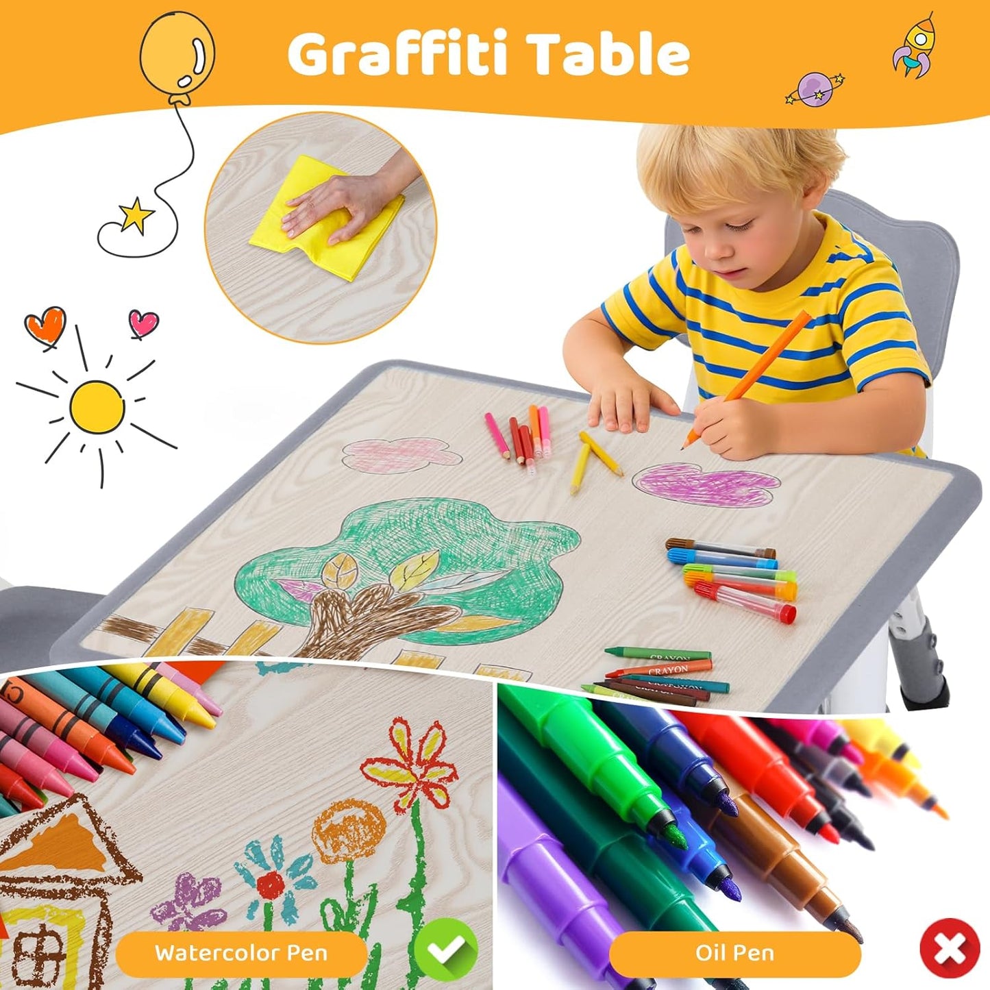 LAZY BUDDY Kids Table and 2 Chairs Set, Height Adjustable Toddler Play Activity Table with Graffiti Desktop for Playroom, Daycare