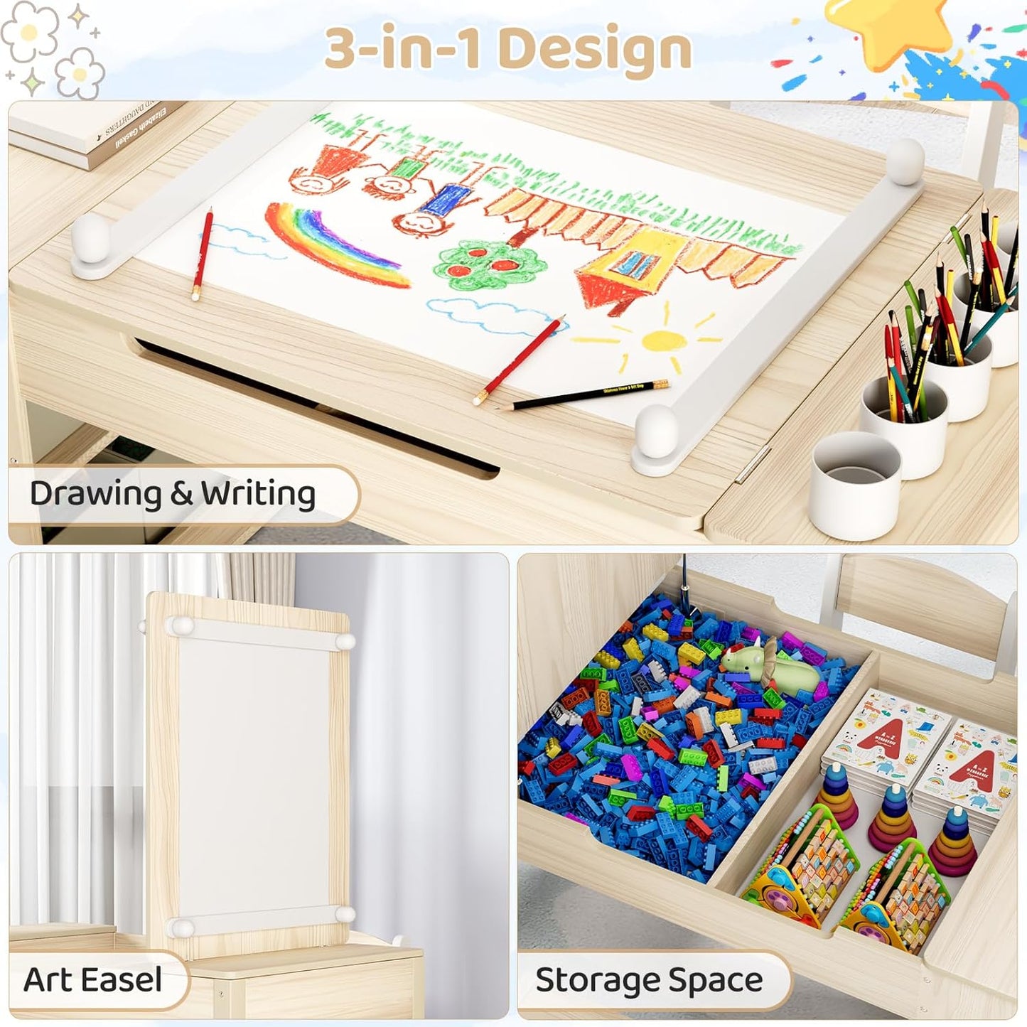 LAZY BUDDY Kids Art Table and Chairs Set, 2-in-1 Easel & Kids Craft Table and Chairs with Storage Bins, Paint Cups and Paper Roll