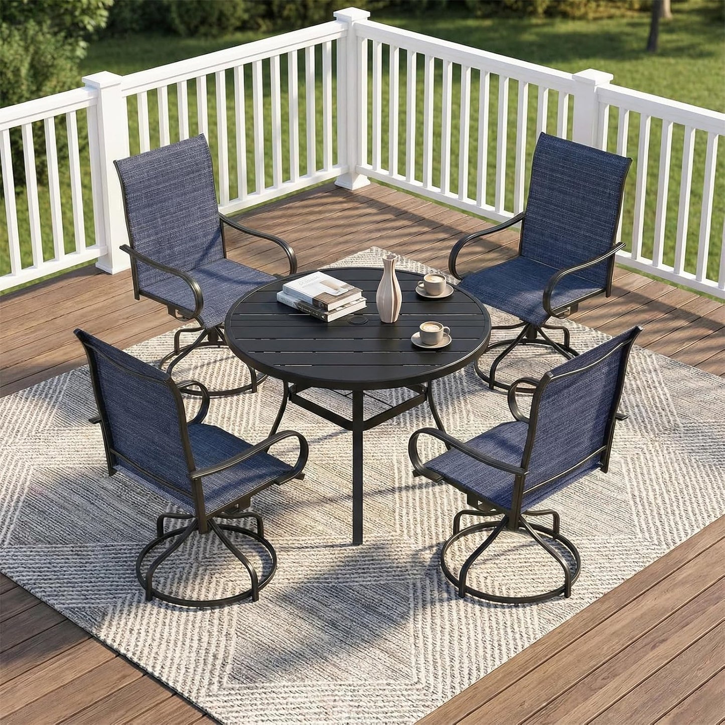 LAZY BUDDY Outdoor Dining Table for 4-6, E-Coating Metal Patio Dining Table with Umbrella Hole, All-Weather Table for Picnic, Garden, Backyard, Poolside