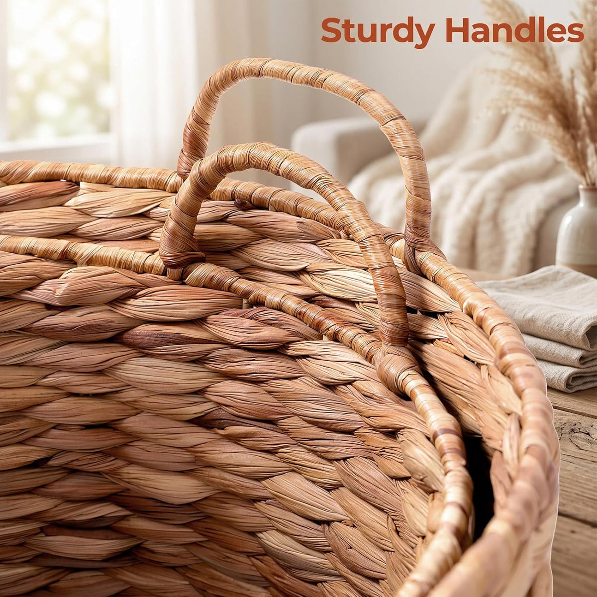 LAZY BUDDY 2-Piece Round Nesting Storage Baskets with Handles, Handwoven Water Hyacinth Laundry Basket, Storage Organizer for Bedroom, Living Room, Bathroom