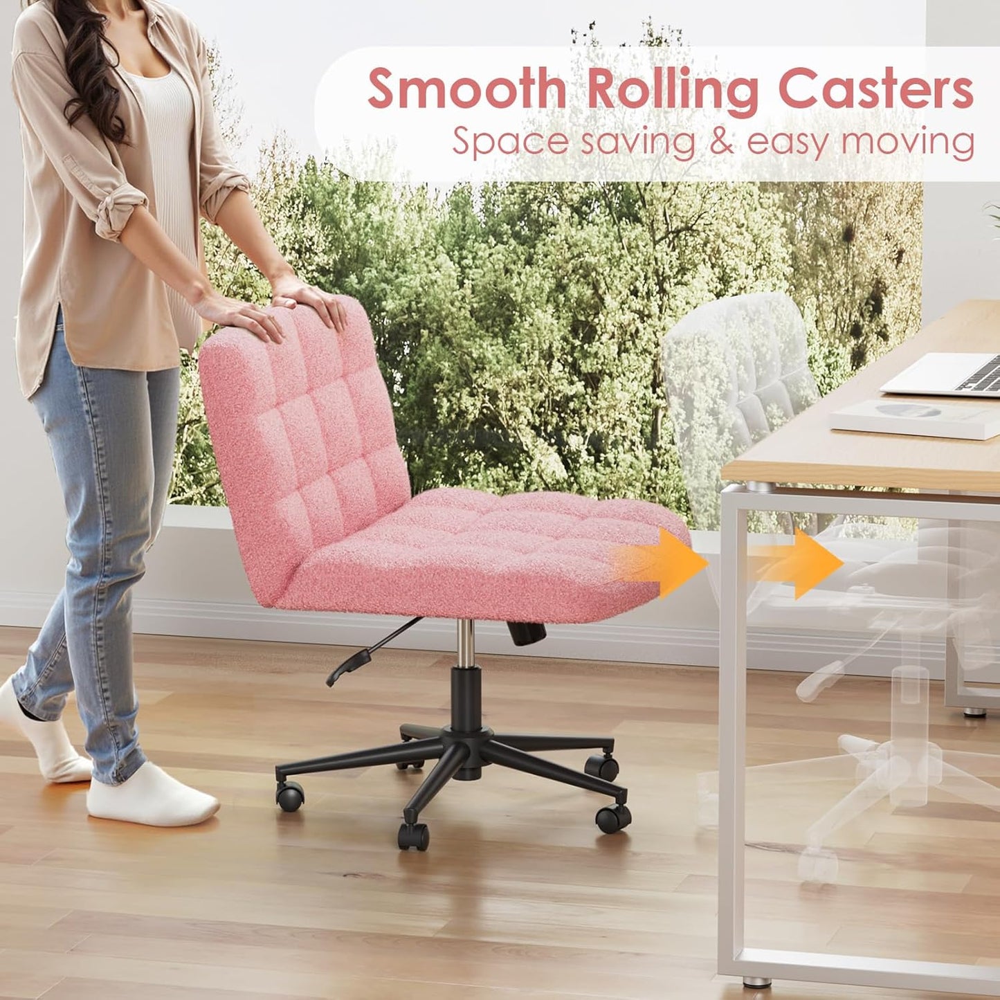 LAZY BUDDY Office Chair, Armless Criss Cross Legged Chair with Wheels, Comfy Home Vanity Task Computer Chair, Adjustable Height