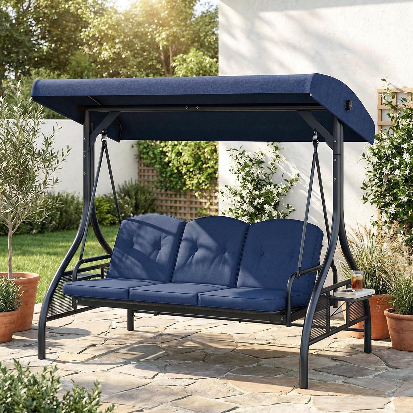 LAZY BUDDY Outdoor Porch Swing with Canopy and Stand, 3 Person Patio Swing for Adults, Convertible 2 in 1 Porch Swing Bed with Cup Holder, 750lbs