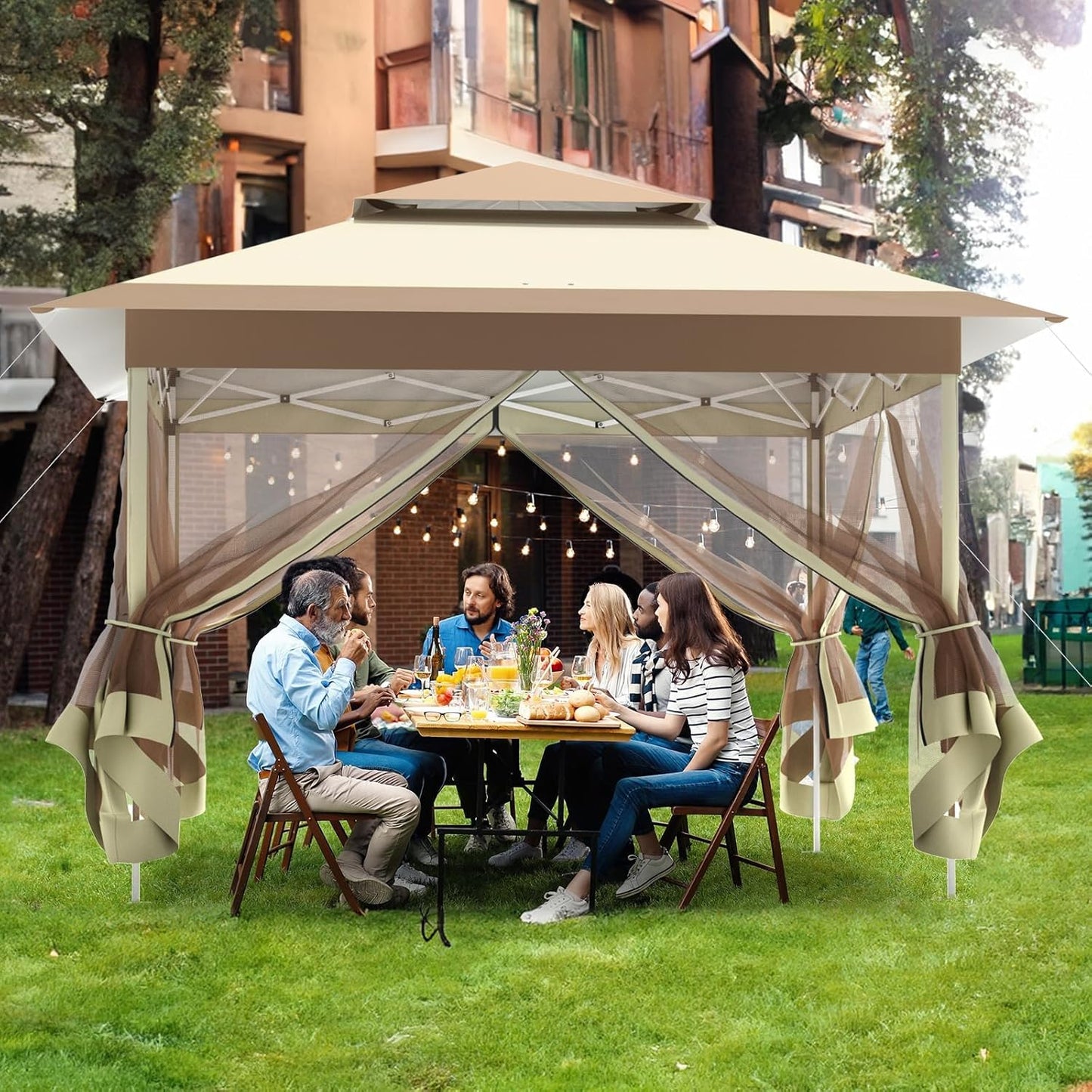 LAZY BUDDY 13ft Pop Up Gazebo, Outdoor Instant Canopy Tent w/4 Netting Sidewall & Auto Extending Eave, Patio Gazebos Shelter w/Mesh Wall, Center Lock, Wheeled Bag for Garden, Yard
