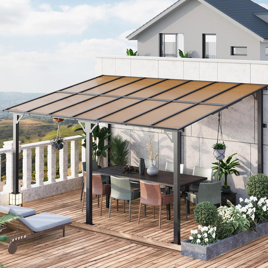LAZY BUDDY 10'x 14'Gazebo, Aluminum Pergola, Outdoor Lean to Hard Top with Sloped Roof, Large Wall-Mounted Heavy Duty Awnings for Patio, Garden, Decks, Backyard