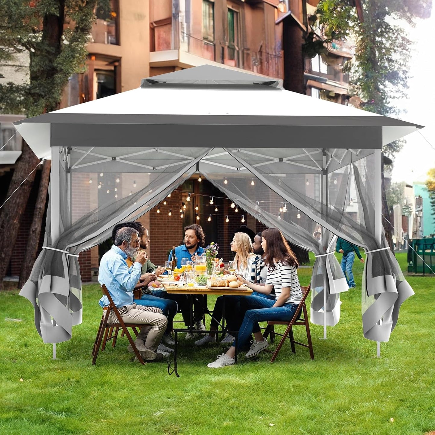 LAZY BUDDY 13ft Pop Up Gazebo, Outdoor Instant Canopy Tent w/4 Netting Sidewall & Auto Extending Eave, Patio Gazebos Shelter w/Mesh Wall, Center Lock, Wheeled Bag for Garden, Yard