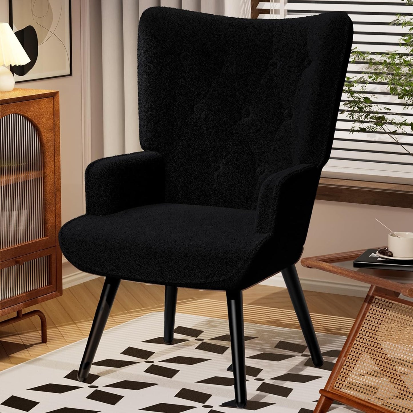 LAZY BUDDY PU Leather Accent Chair, Comfy Wingback Armchair, Upholstered Reading Chair with High Backrest for Living Room, Bedroom, Office