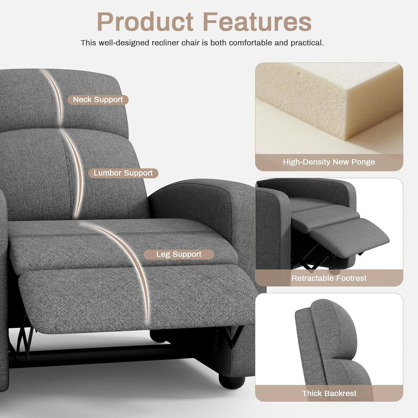 LAZY BUDDY 3 in 1 Adjustable Recliner Chair, Fabric Recliner Sofa for Adults with Side Pocket, Home Theater Seating with Lumbar Support & Backrest for Living Room
