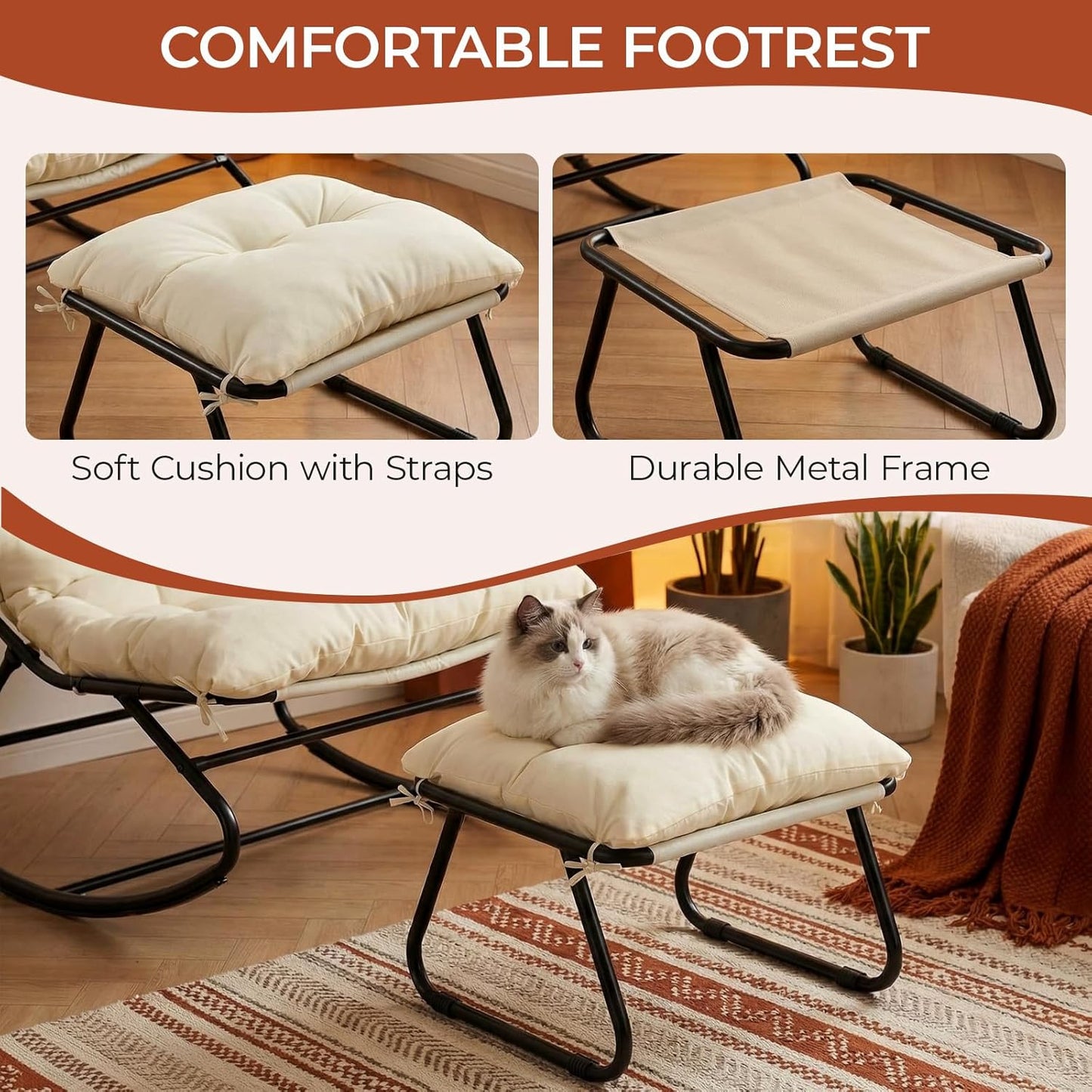 LAZY BUDDY Large Papasan Rocking Chair with Ottoman, Patio Lounge Chair Rocker with 7.4'' Thick Cushion, for Indoor Outdoor Use
