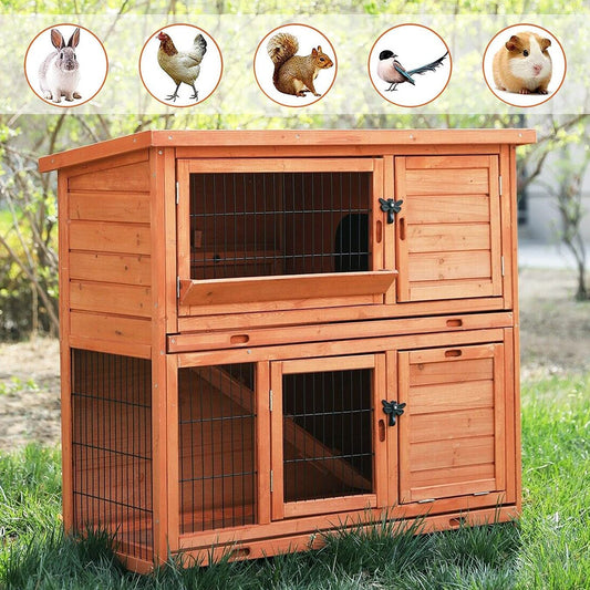 LAZY BUDDY Rabbit Hutch Wooden Rabbit Cage Indoor Outdoor Backyard Bunny Small Animal Cage with Waterproof Roof & Removable Tray