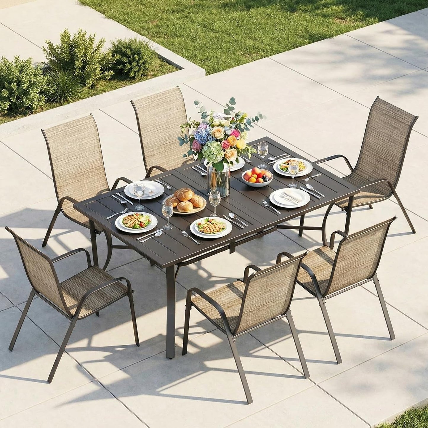LAZY BUDDY Outdoor Dining Table for 4-6, E-Coating Metal Patio Dining Table with Umbrella Hole, All-Weather Table for Picnic, Garden, Backyard, Poolside