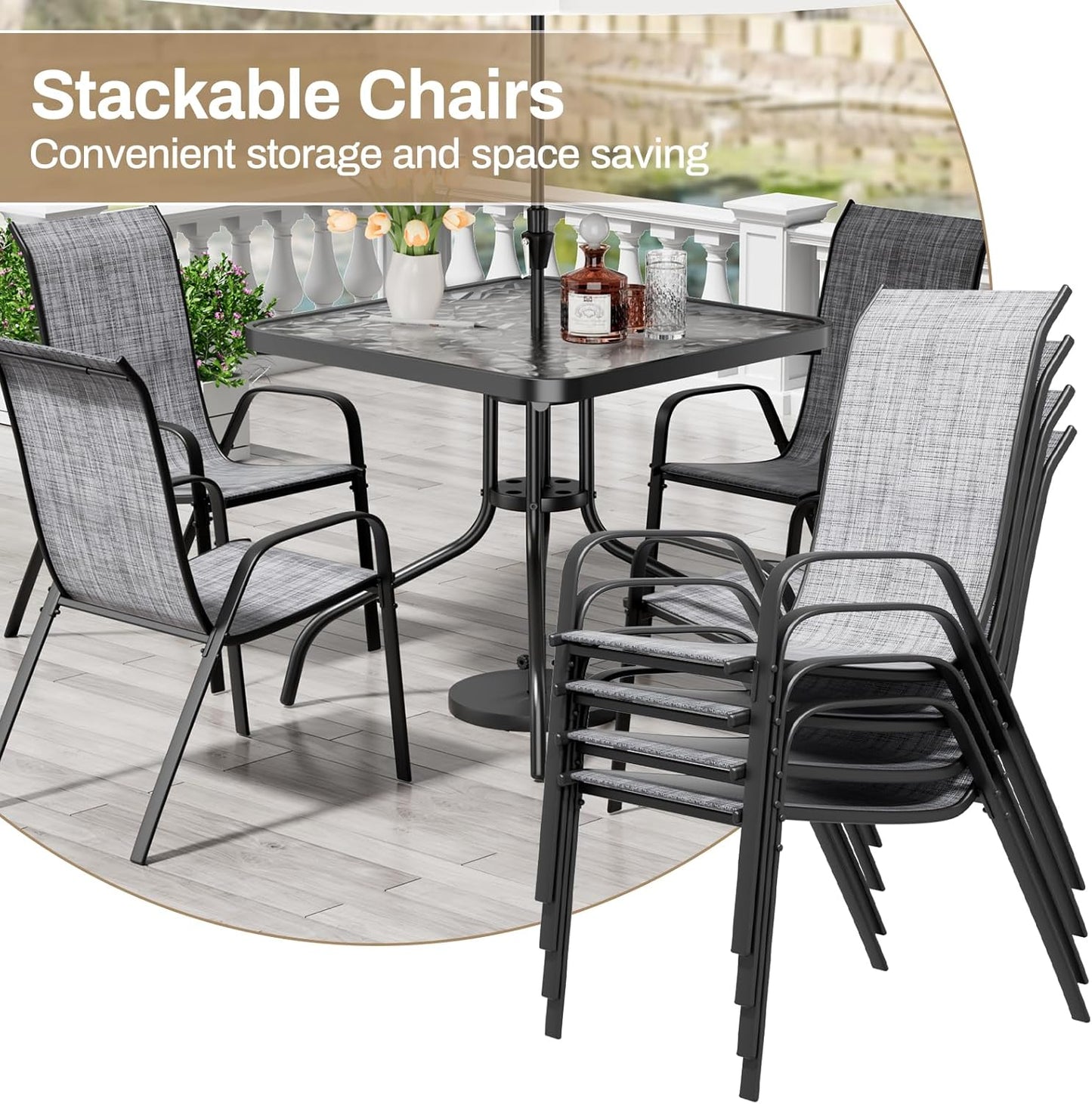 LAZY BUDDY 5-Piece Patio Dining Set, All Weather Outdoor Table with 4 Stackable Chairs for Garden Backyard Deck
