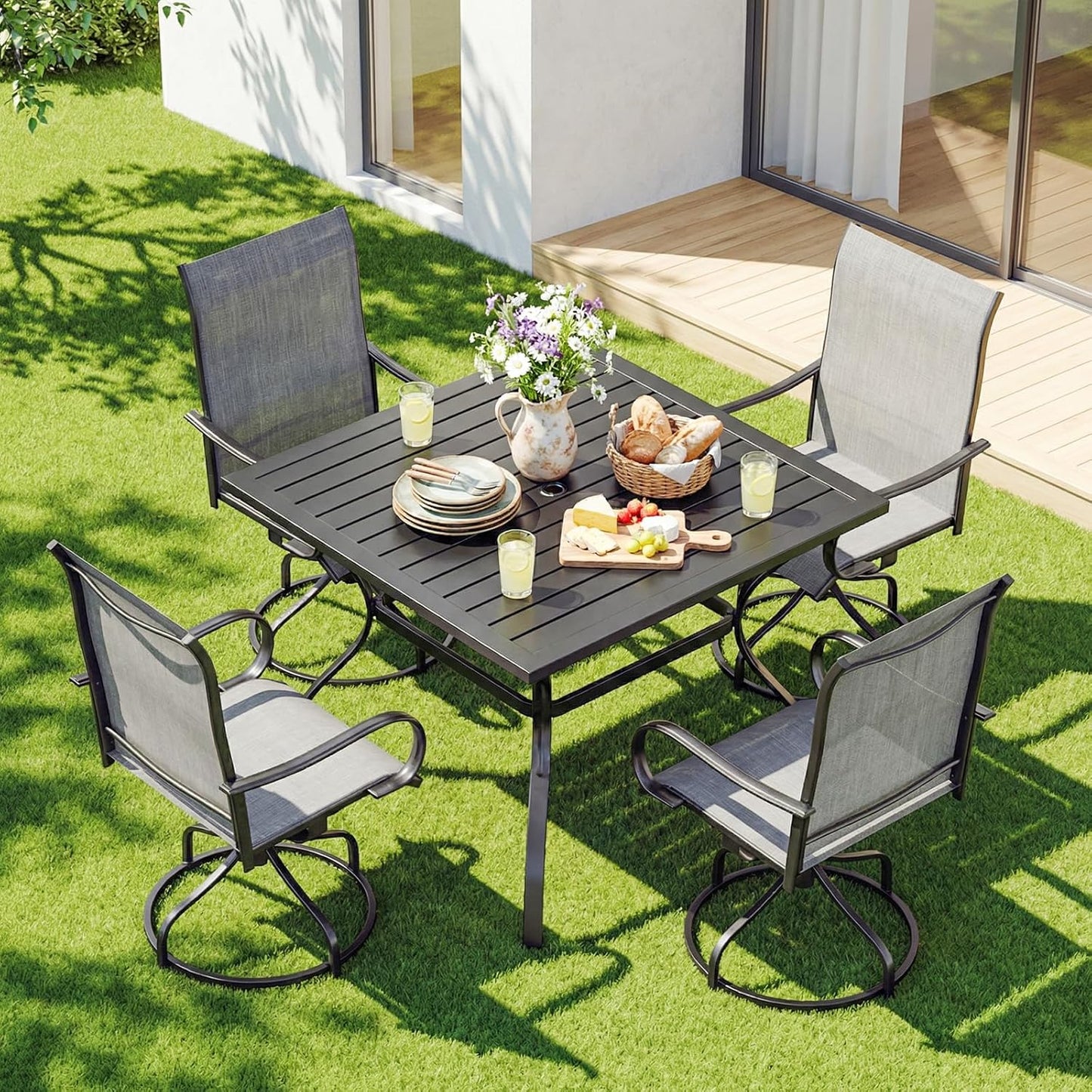 LAZY BUDDY Outdoor Dining Table for 4-6, E-Coating Metal Patio Dining Table with Umbrella Hole, All-Weather Table for Picnic, Garden, Backyard, Poolside