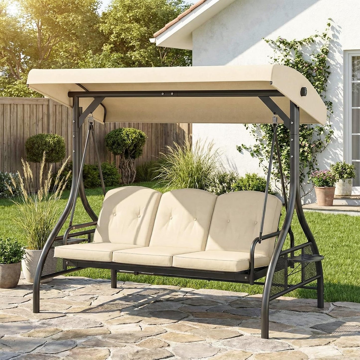LAZY BUDDY Outdoor Porch Swing with Canopy and Stand, 3 Person Patio Swing for Adults, Convertible 2 in 1 Porch Swing Bed with Cup Holder, 750lbs