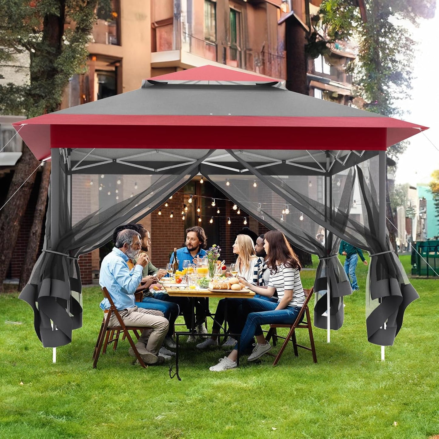 LAZY BUDDY 13ft Pop Up Gazebo, Outdoor Instant Canopy Tent w/4 Netting Sidewall & Auto Extending Eave, Patio Gazebos Shelter w/Mesh Wall, Center Lock, Wheeled Bag for Garden, Yard