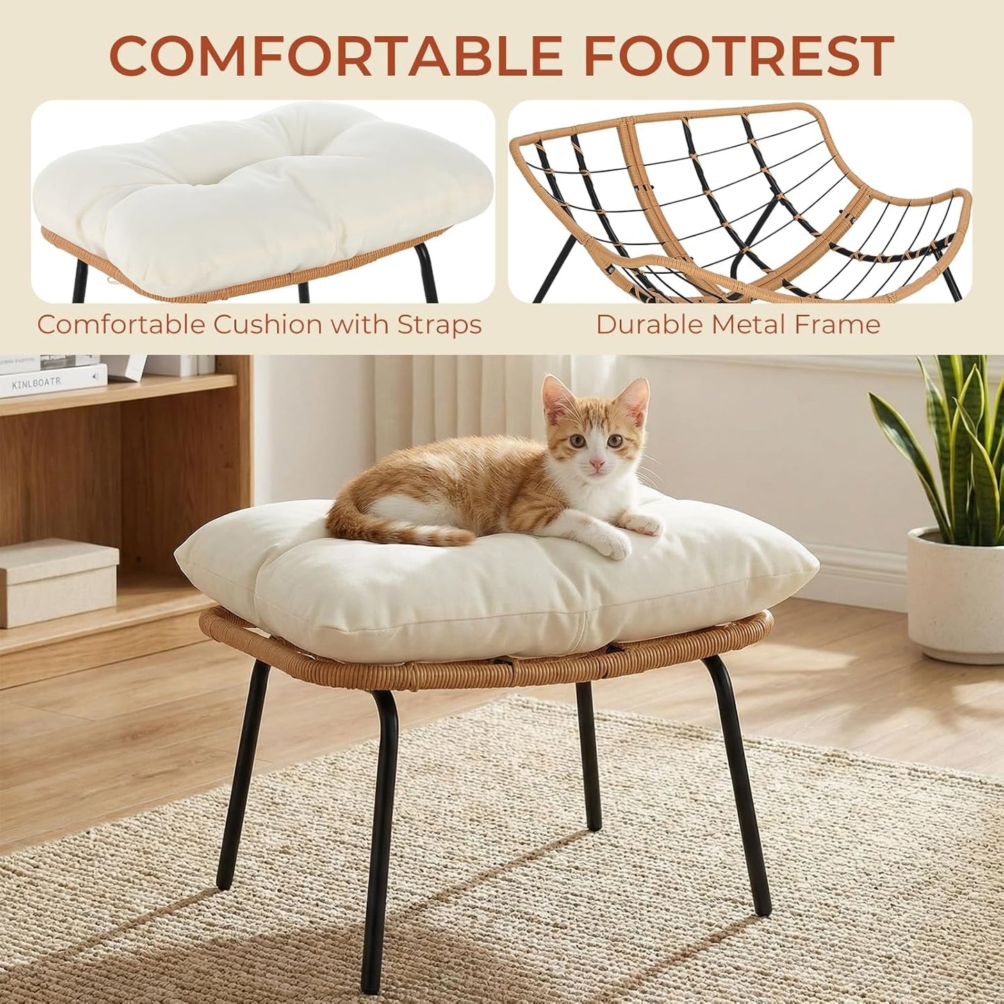 LAZY BUDDY Outdoor Rocking Chair with Ottoman, Oversized Papasan Rocking Chair with Thick Cushion, Indoor Outdoor Cozy Rocker for Balcony, Living Room, Patio