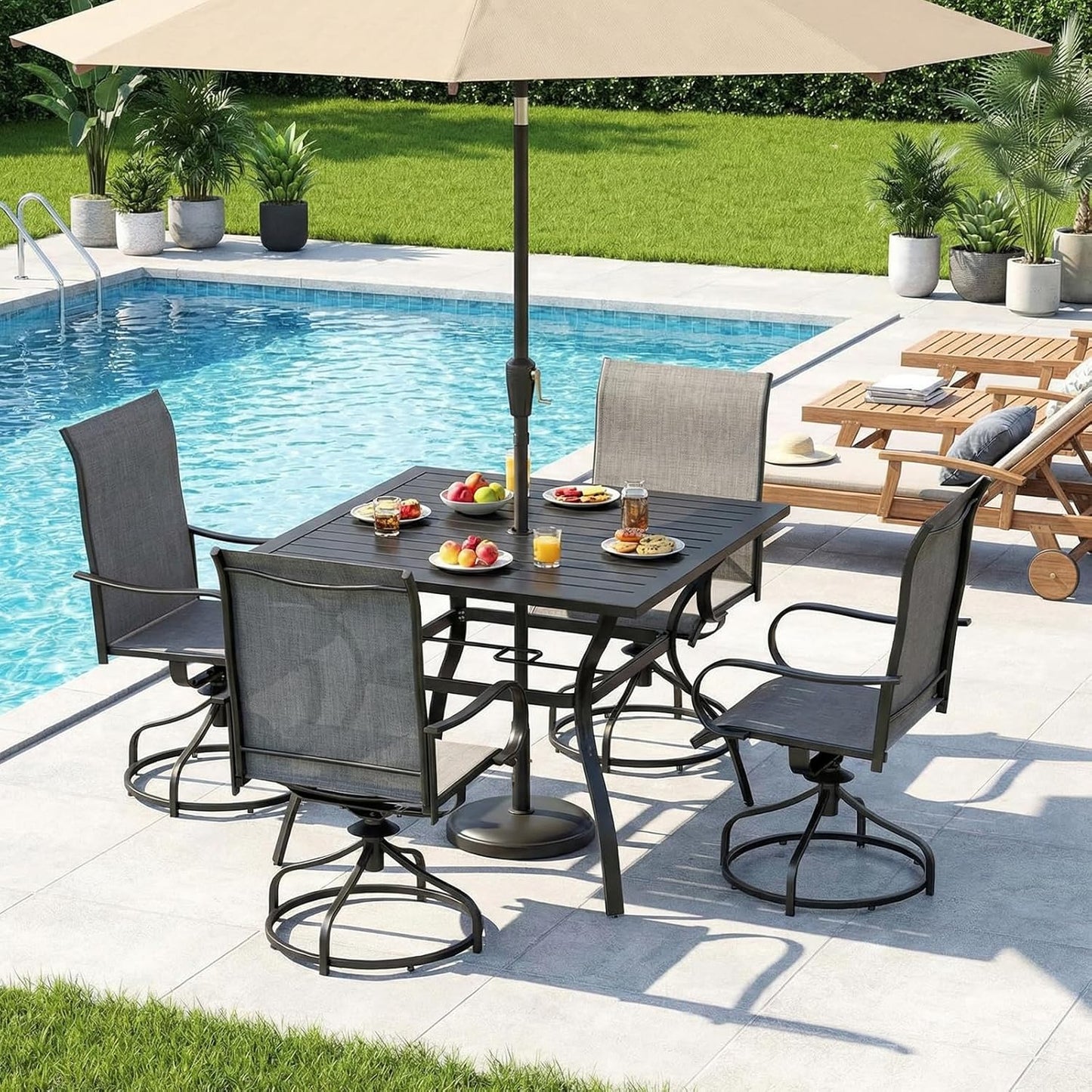 LAZY BUDDY Outdoor Dining Table for 4-6, E-Coating Metal Patio Dining Table with Umbrella Hole, All-Weather Table for Picnic, Garden, Backyard, Poolside