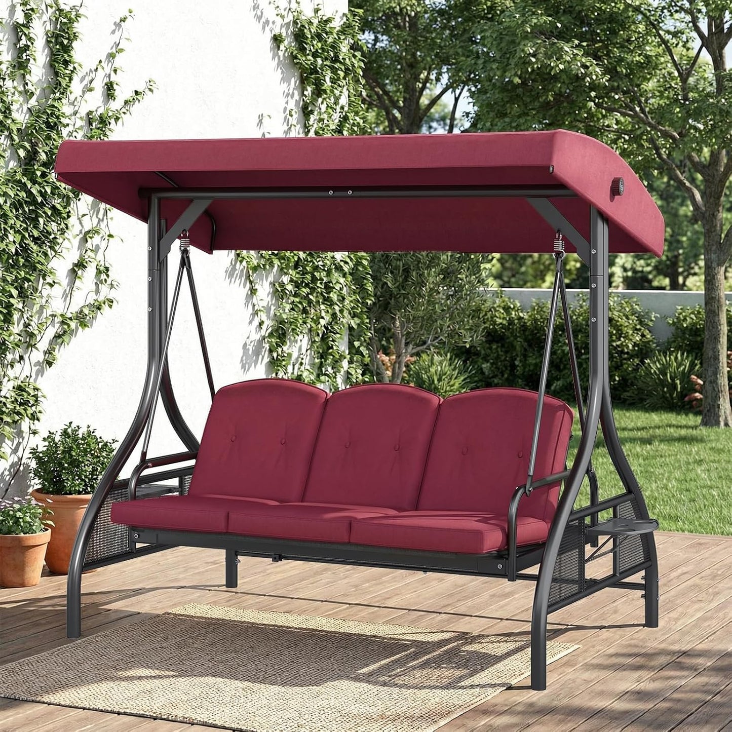 LAZY BUDDY Outdoor Porch Swing with Canopy and Stand, 3 Person Patio Swing for Adults, Convertible 2 in 1 Porch Swing Bed with Cup Holder, 750lbs