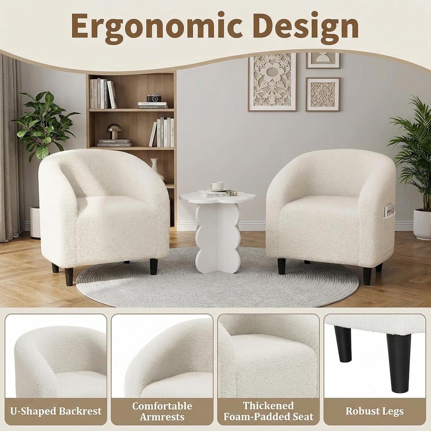 LAZY BUDDY Accent Barrel Chair, Comfy Teddy Fabric Club Chair with Side Pocket, Modern Armchair for Living Room, Bedroom, Office, Reception Space