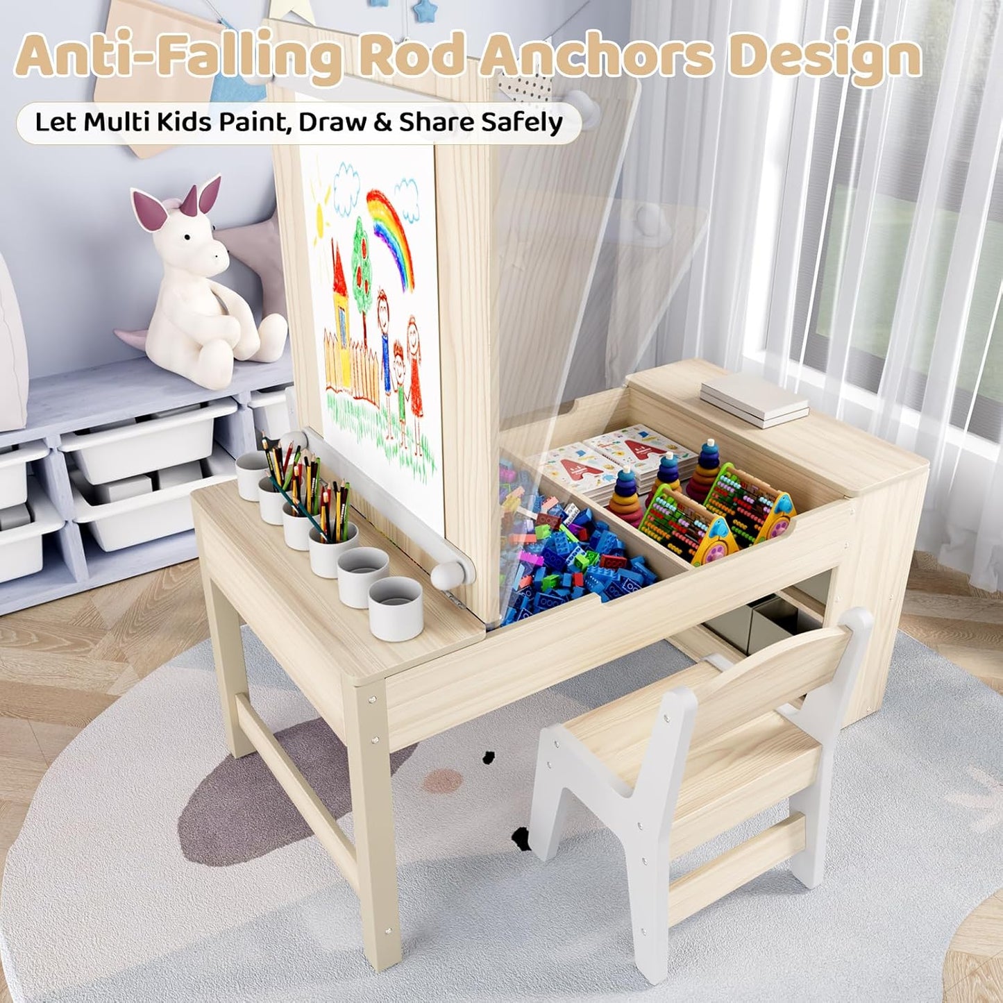 LAZY BUDDY Kids Art Table and Chairs Set, 2-in-1 Easel & Kids Craft Table and Chairs with Storage Bins, Paint Cups and Paper Roll