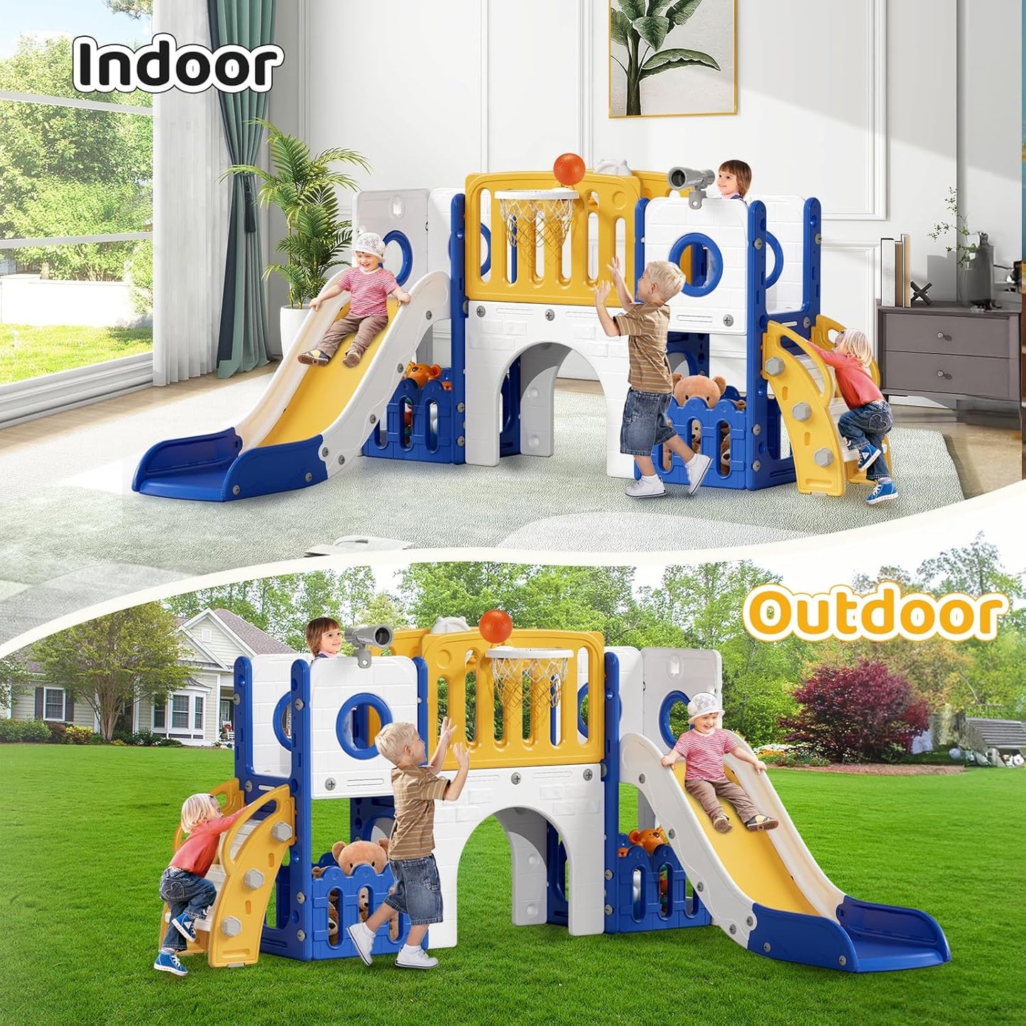 LAZY BUDDY Freestanding Toddler Slide, Kids Slide Climber Playset, Plastic Baby Slide with Basketball Hoop, Telescope, Tunnel, Storage Space, Anti-Slip Steps, Indoor Outdoor Playground for Ages 3+