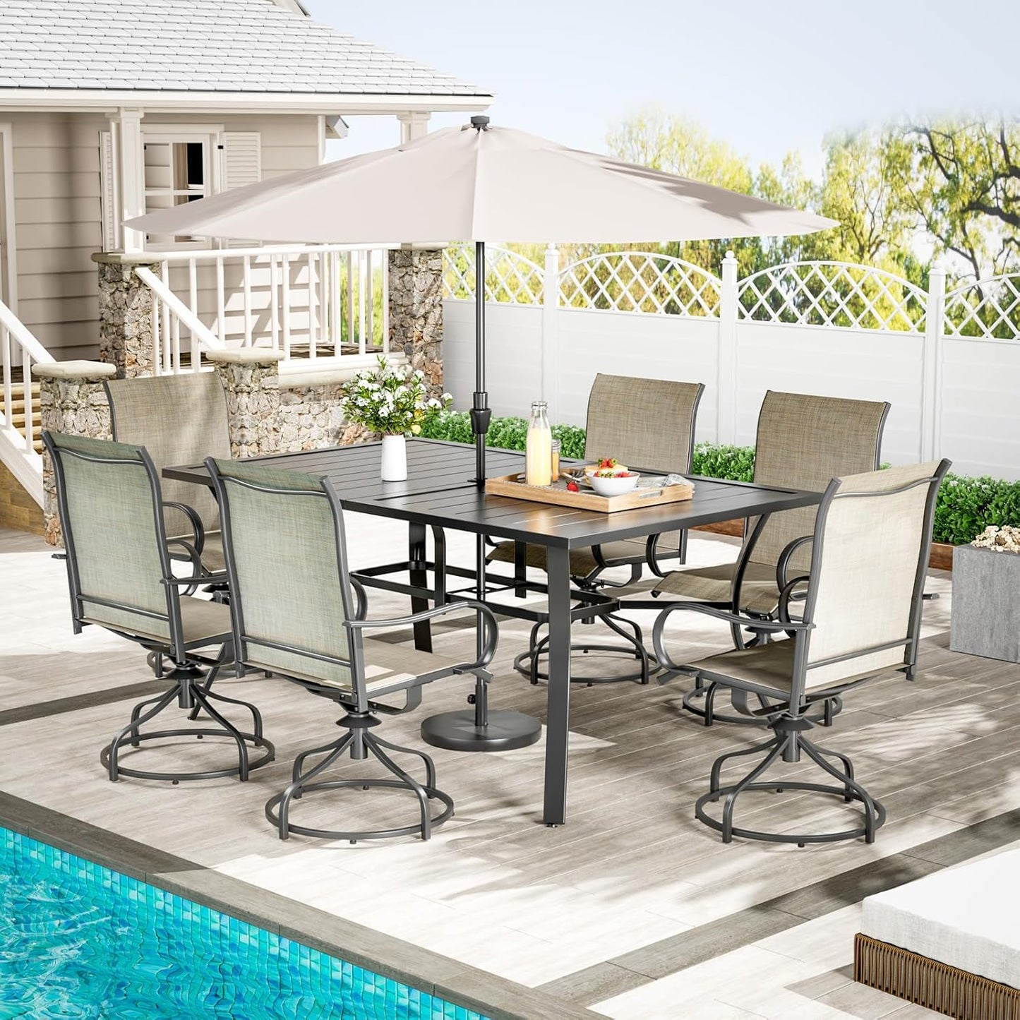 LAZY BUDDY Outdoor Dining Table for 4-6, E-Coating Metal Patio Dining Table with Umbrella Hole, All-Weather Table for Picnic, Garden, Backyard, Poolside