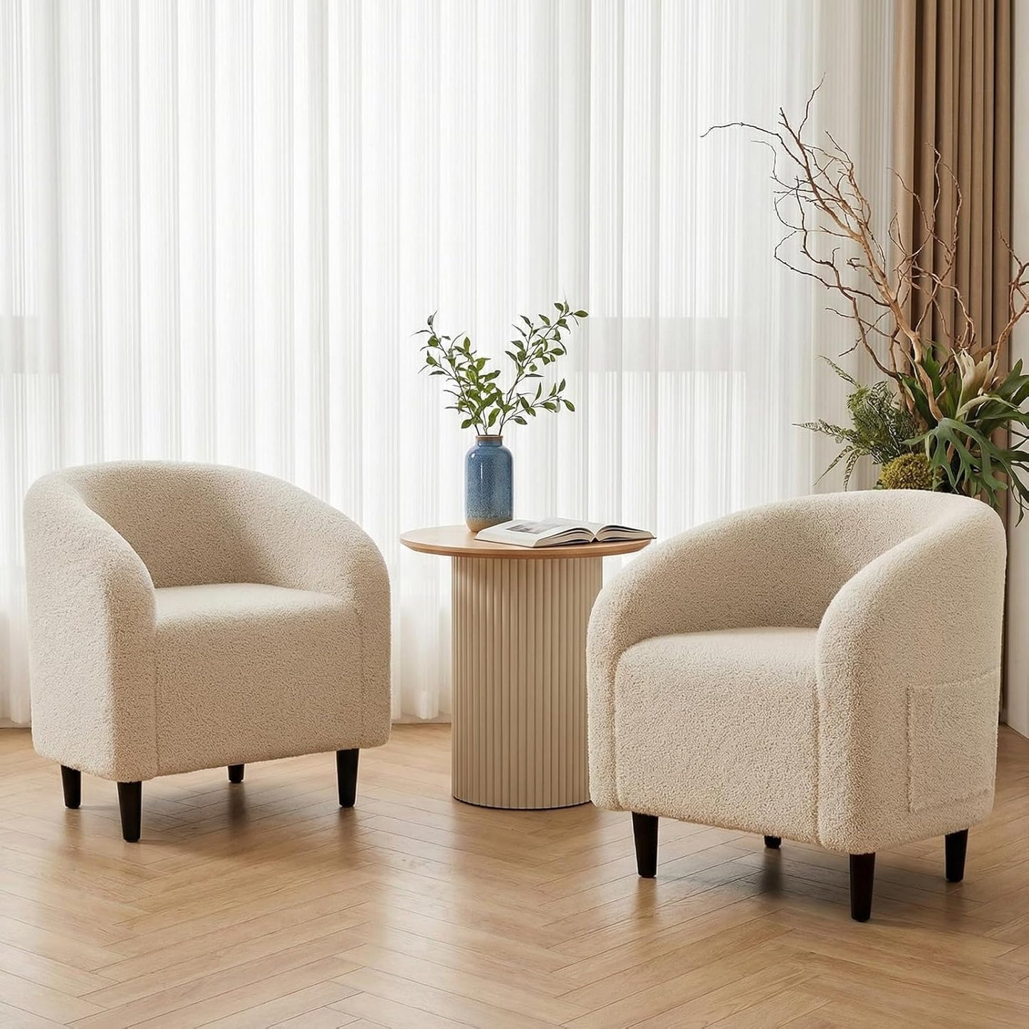 LAZY BUDDY Accent Barrel Chair, Comfy Teddy Fabric Club Chair with Side Pocket, Modern Armchair for Living Room, Bedroom, Office, Reception Space