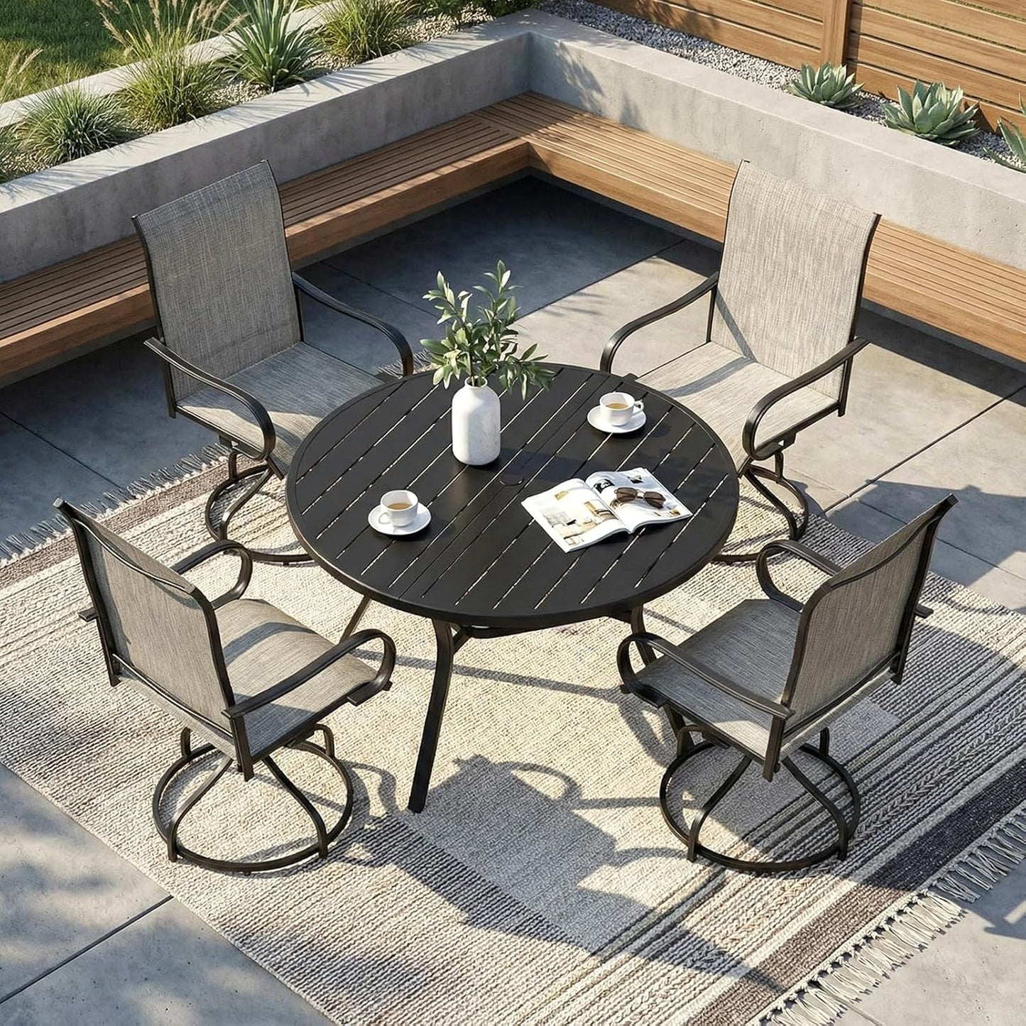 LAZY BUDDY Outdoor Dining Table for 4-6, E-Coating Metal Patio Dining Table with Umbrella Hole, All-Weather Table for Picnic, Garden, Backyard, Poolside