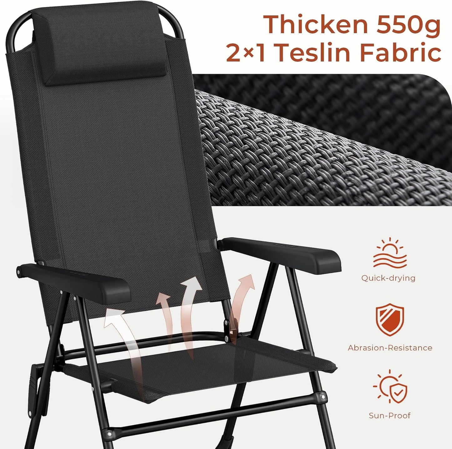 LAZY BUDDY Folding Patio Dining Chairs Set of 2/4 with Armrests, 5-Postion Adjustable Outdoor Chair with Removable Headrest for Deck, Lawn, Garden, Backyard