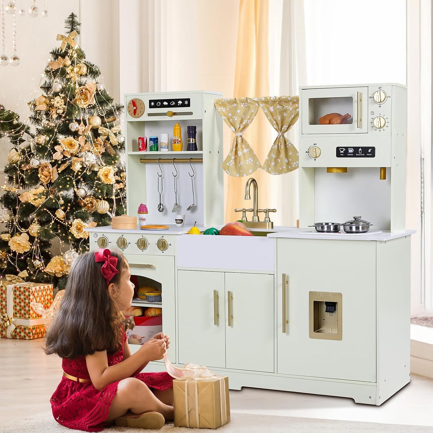 LAZY BUDDY Toddler Play Kitchen, Wooden Kids Kitchen Playset w/Stove, Sink, Microwave, Water Dispenser, Curtain, Gift for Ages 3+