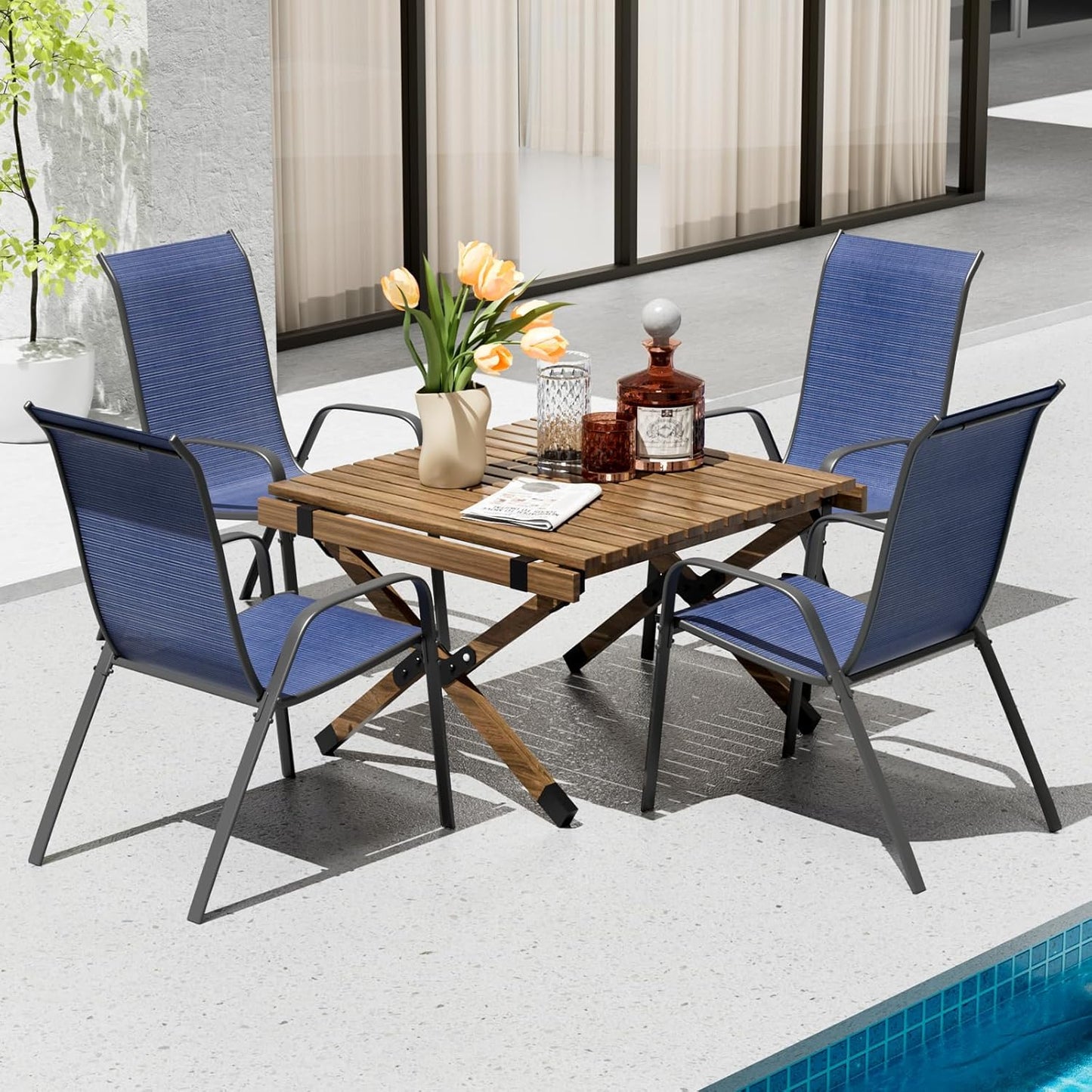 LAZY BUDDY 4 Pcs Patio Dining Chairs, Outdoor Stackable Armchair, Heavy Duty Breathable Lawn Chairs Set for Backyard, Garden, Deck, Front Porch, 330 LBS
