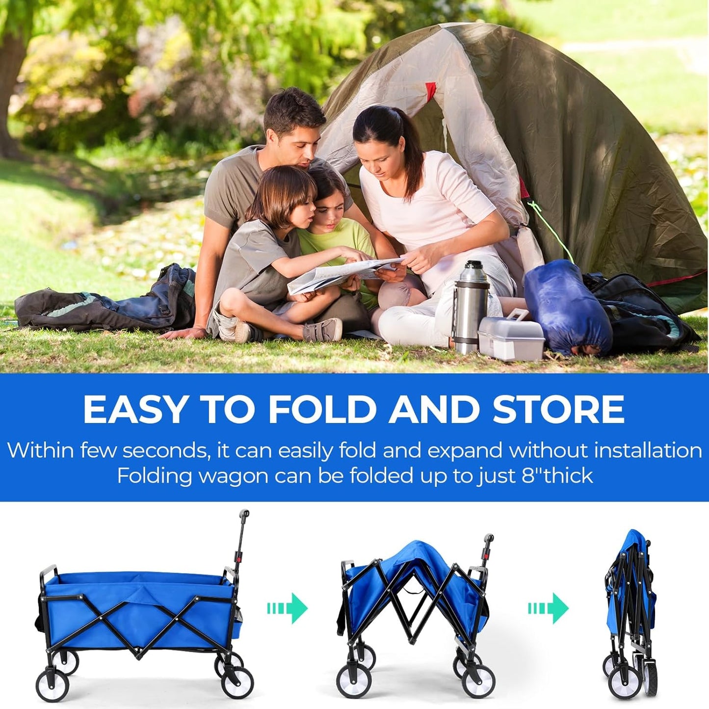 LAZY BUDDY Collapsible Folding Wagon 150 lbs Max Load, Heavy-Duty Portable Utility Shopping Cart, Lightweight Foldable Grocery Stroller, with 360° Wheels, Carry Bag, for Camping, Beach, Garden, Sports