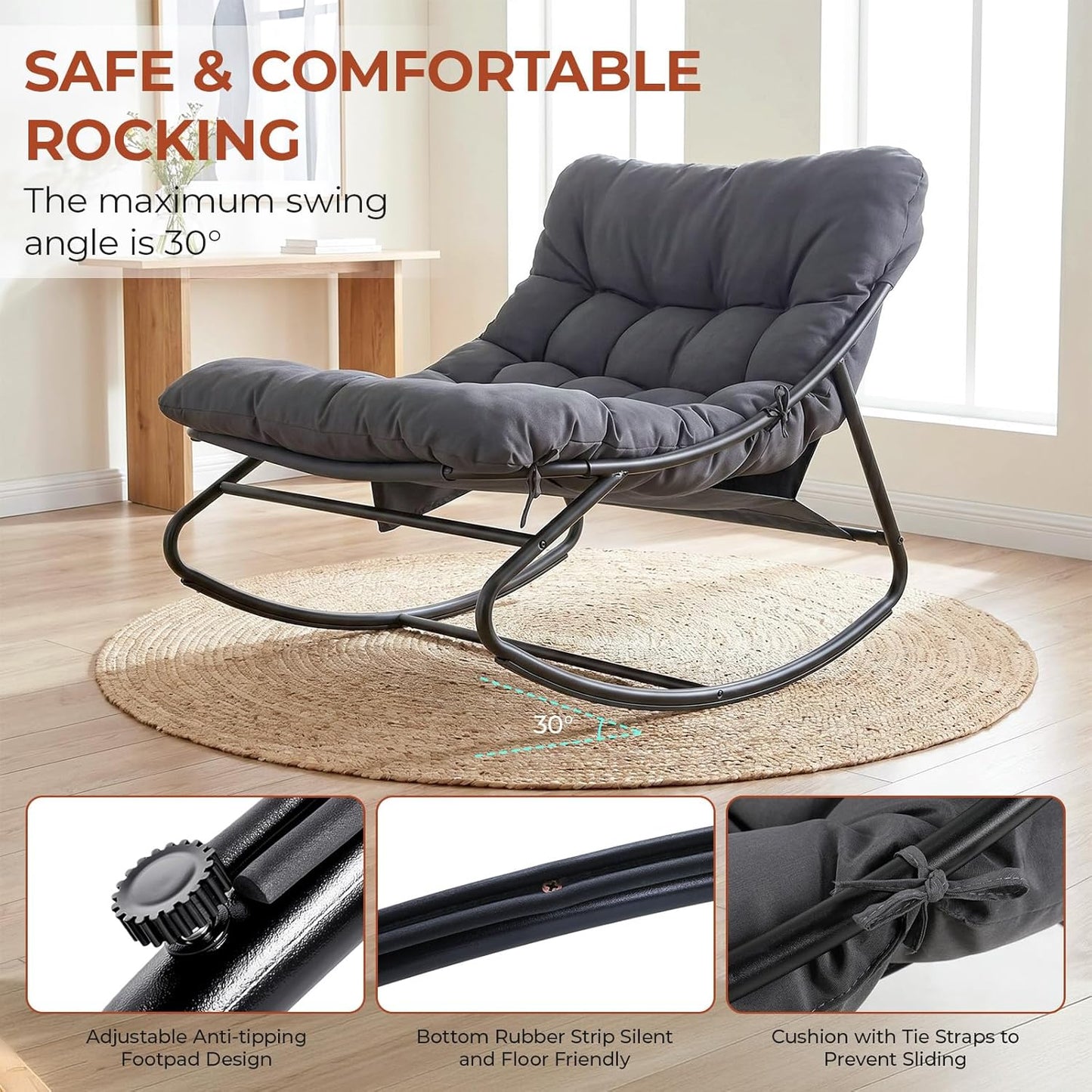 LAZY BUDDY Large Papasan Rocking Chair with Ottoman, Patio Lounge Chair Rocker with 7.4'' Thick Cushion, for Indoor Outdoor Use