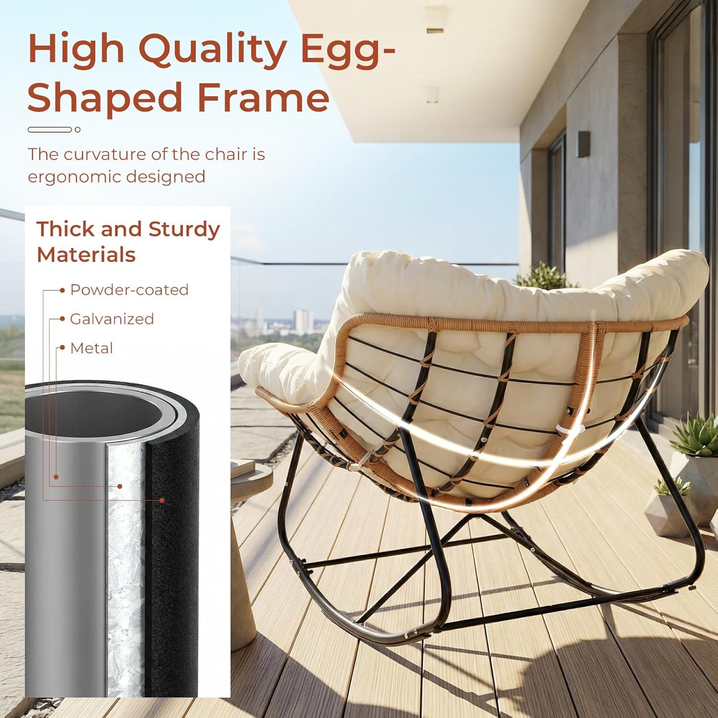 LAZY BUDDY Outdoor Rocking Chair with Ottoman, Oversized Papasan Rocking Chair with Thick Cushion, Indoor Outdoor Cozy Rocker for Balcony, Living Room, Patio