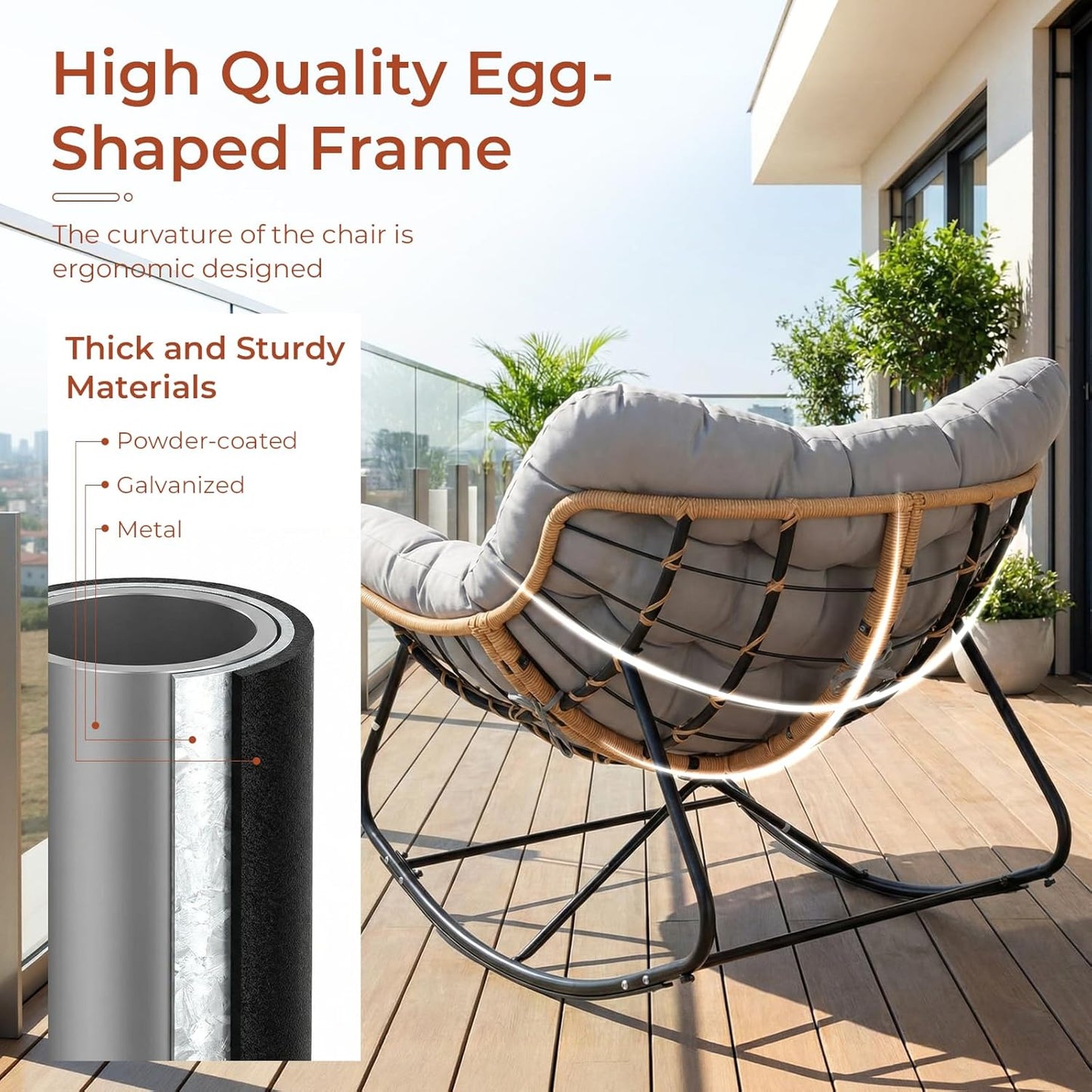 LAZY BUDDY Outdoor Rocking Chair with Ottoman, Oversized Papasan Rocking Chair with Thick Cushion, Indoor Outdoor Cozy Rocker for Balcony, Living Room, Patio