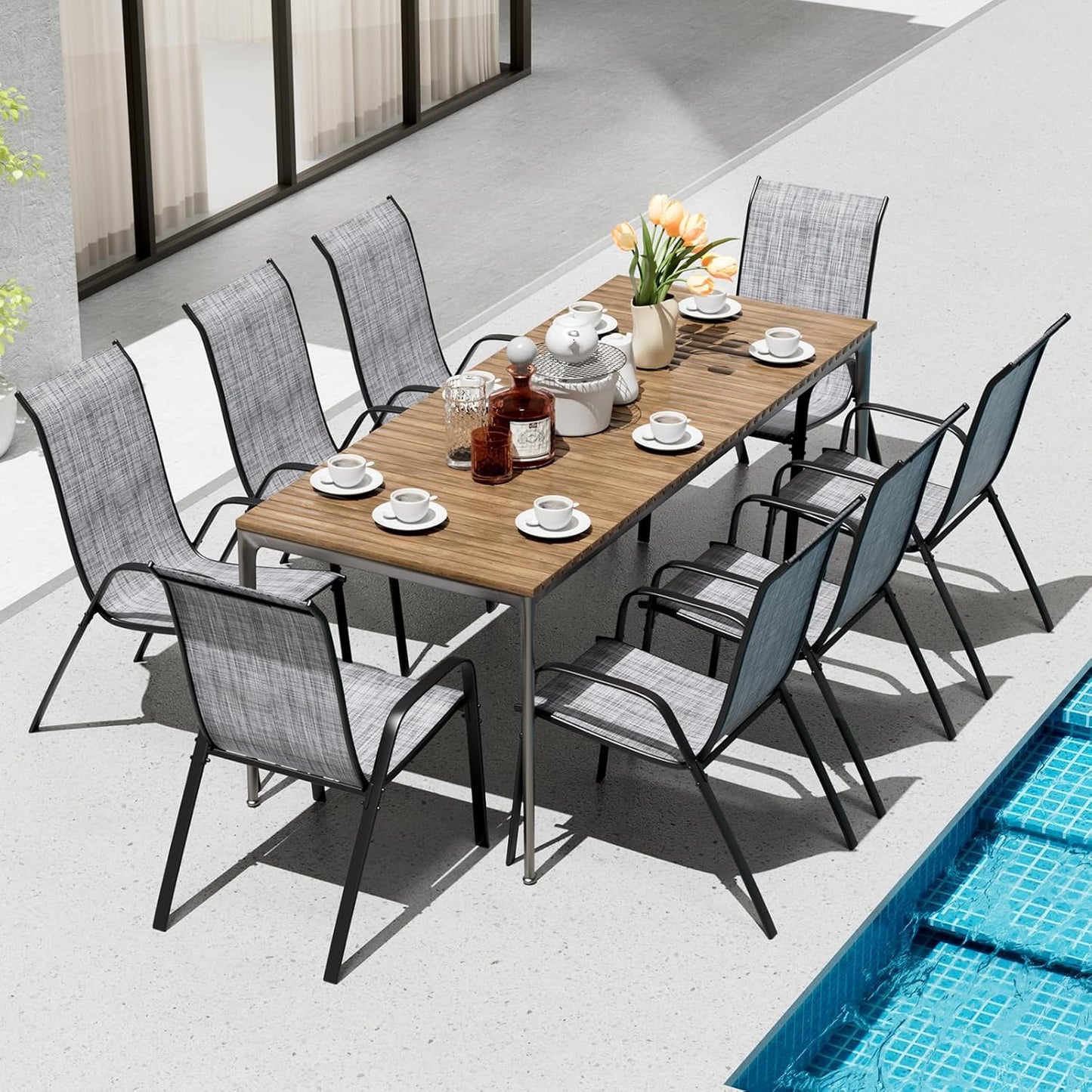LAZY BUDDY Patio Chairs Set of 8, Stackable Textilene Outdoor Dining Chair for All Weather, with 20″ Wide Seat & Metal Frame, for Garden, Backyard, Deck, Restaurant, Poolside