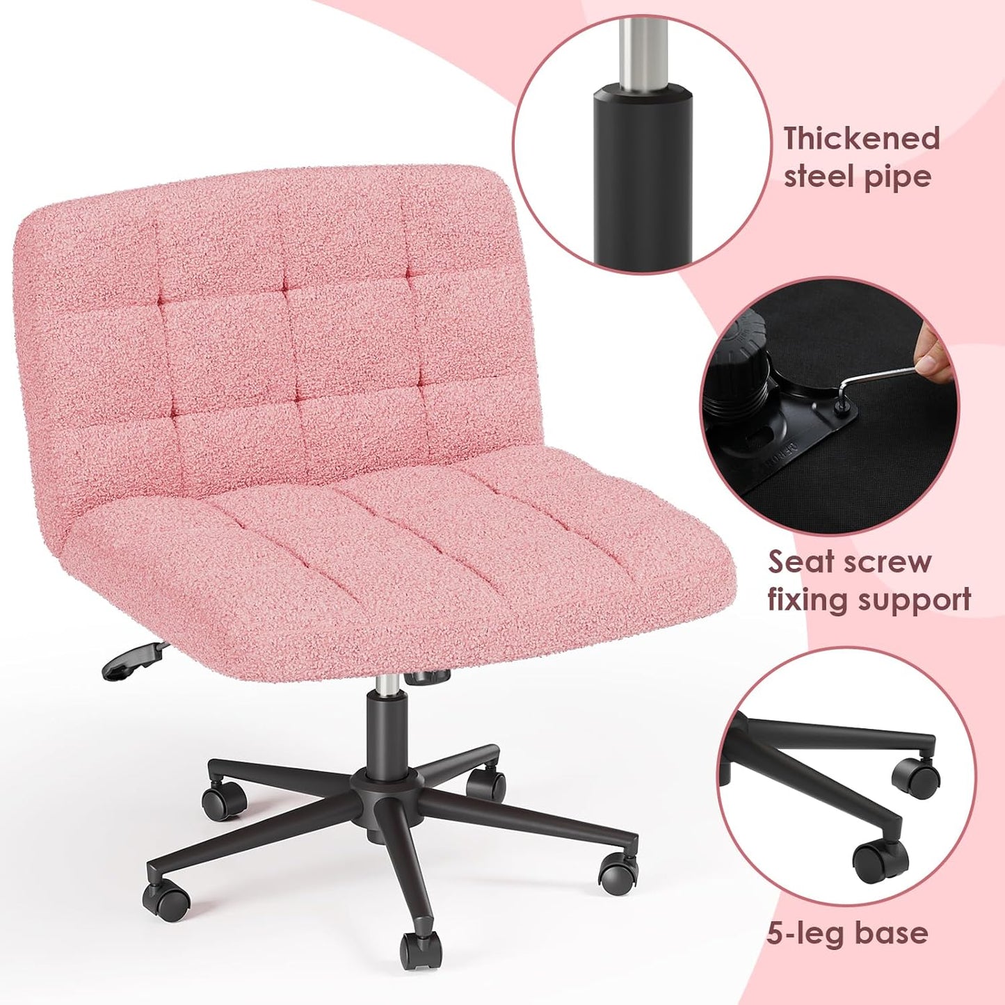 LAZY BUDDY Office Chair, Armless Criss Cross Legged Chair with Wheels, Comfy Home Vanity Task Computer Chair, Adjustable Height
