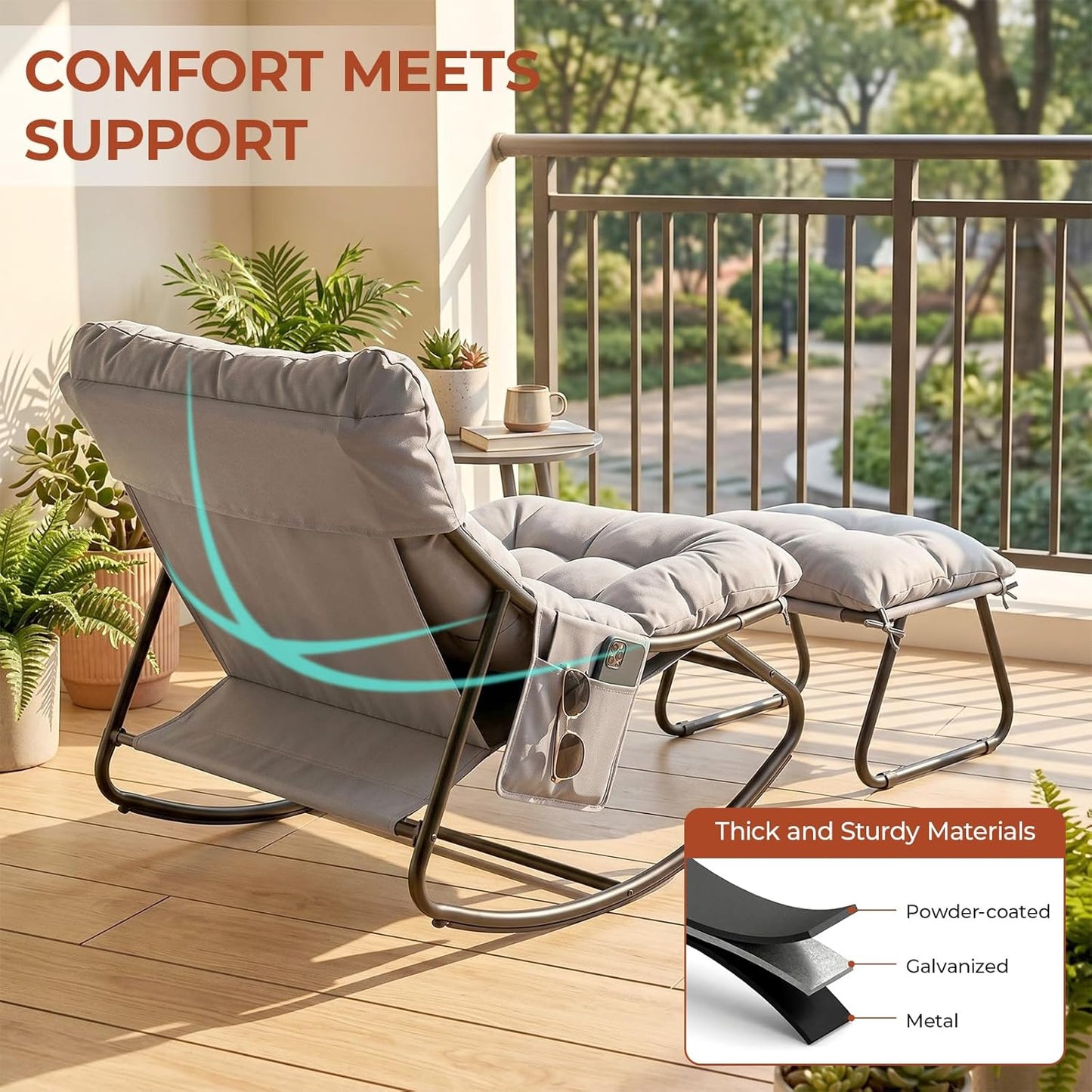 LAZY BUDDY Large Papasan Rocking Chair with Ottoman, Patio Lounge Chair Rocker with 7.4'' Thick Cushion, for Indoor Outdoor Use