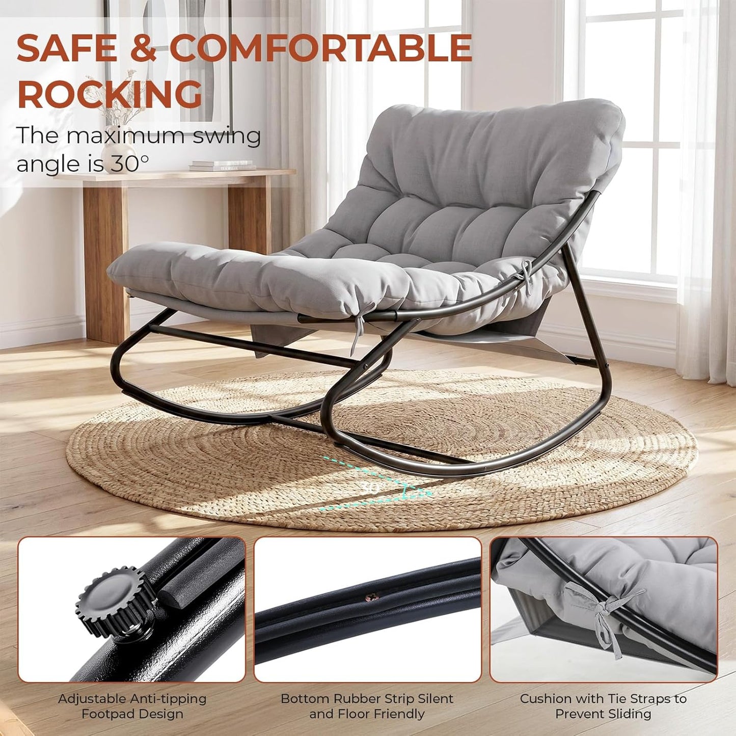 LAZY BUDDY Large Papasan Rocking Chair with Ottoman, Patio Lounge Chair Rocker with 7.4'' Thick Cushion, for Indoor Outdoor Use