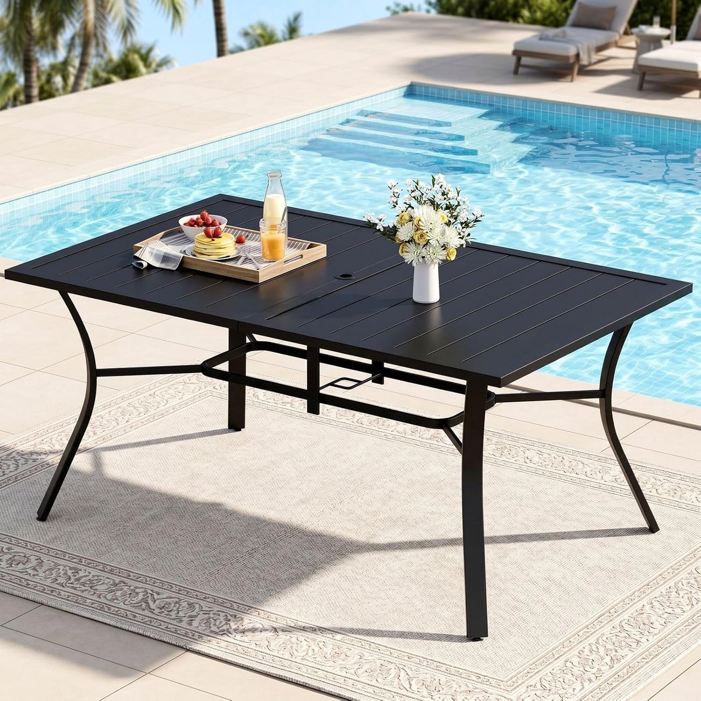 LAZY BUDDY Outdoor Dining Table for 4-6, E-Coating Metal Patio Dining Table with Umbrella Hole, All-Weather Table for Picnic, Garden, Backyard, Poolside
