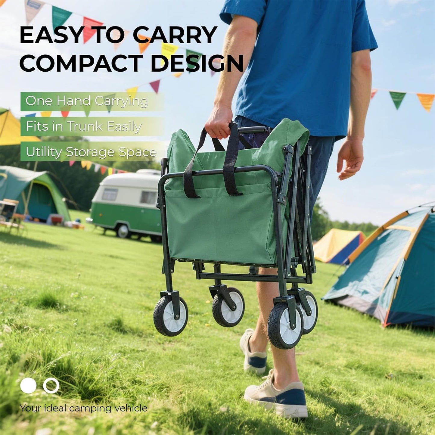 LAZY BUDDY Collapsible Folding Wagon 150 lbs Max Load, Heavy-Duty Portable Utility Shopping Cart, Lightweight Foldable Grocery Stroller, with 360° Wheels, Carry Bag, for Camping, Beach, Garden, Sports