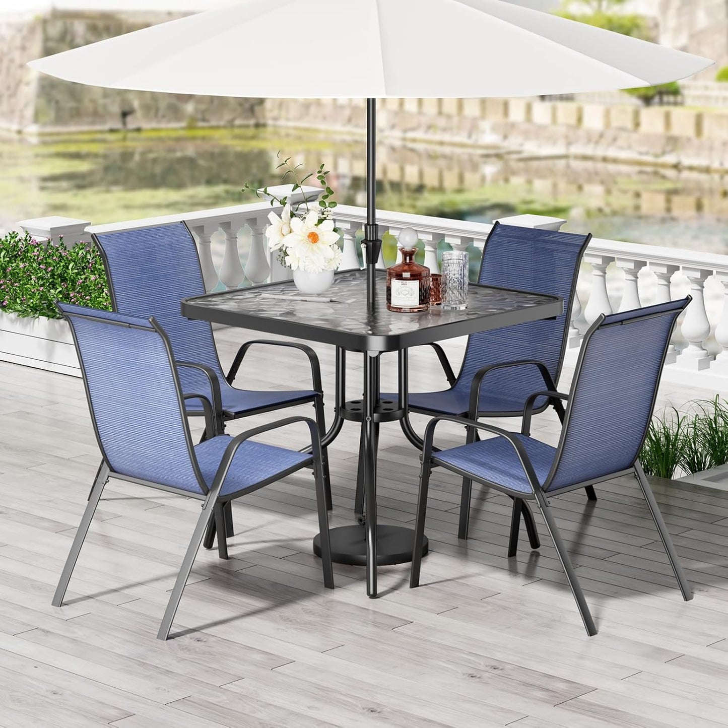 LAZY BUDDY 5-Piece Patio Dining Set, All Weather Outdoor Table with 4 Stackable Chairs for Garden Backyard Deck