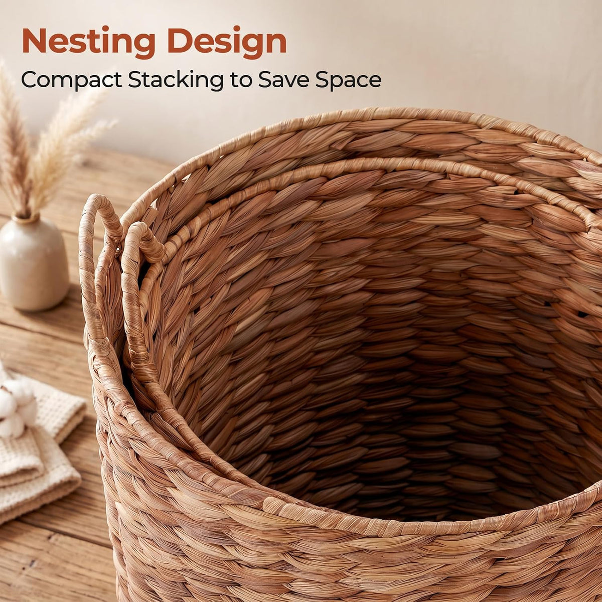 LAZY BUDDY 2-Piece Round Nesting Storage Baskets with Handles, Handwoven Water Hyacinth Laundry Basket, Storage Organizer for Bedroom, Living Room, Bathroom