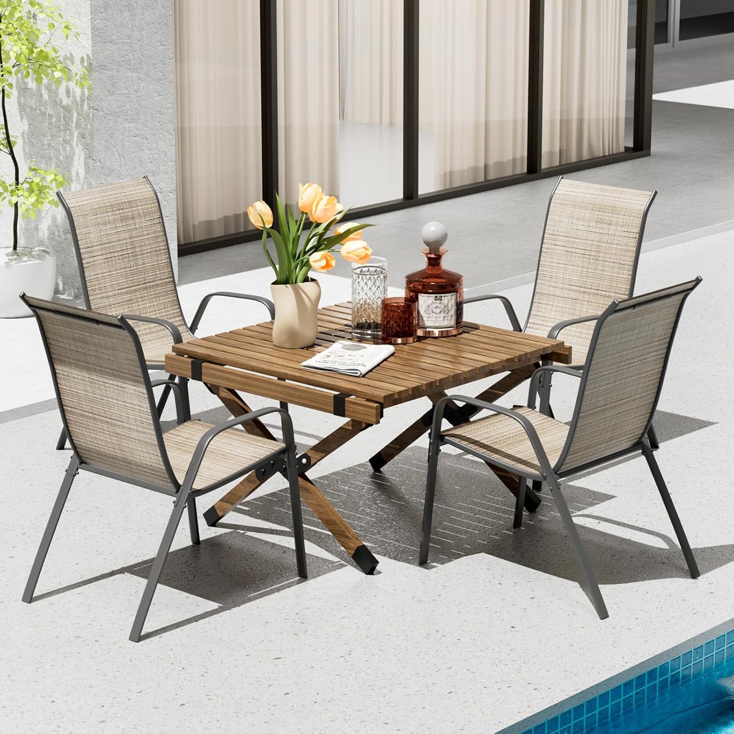 LAZY BUDDY 4 Pcs Patio Dining Chairs, Outdoor Stackable Armchair, Heavy Duty Breathable Lawn Chairs Set for Backyard, Garden, Deck, Front Porch, 330 LBS