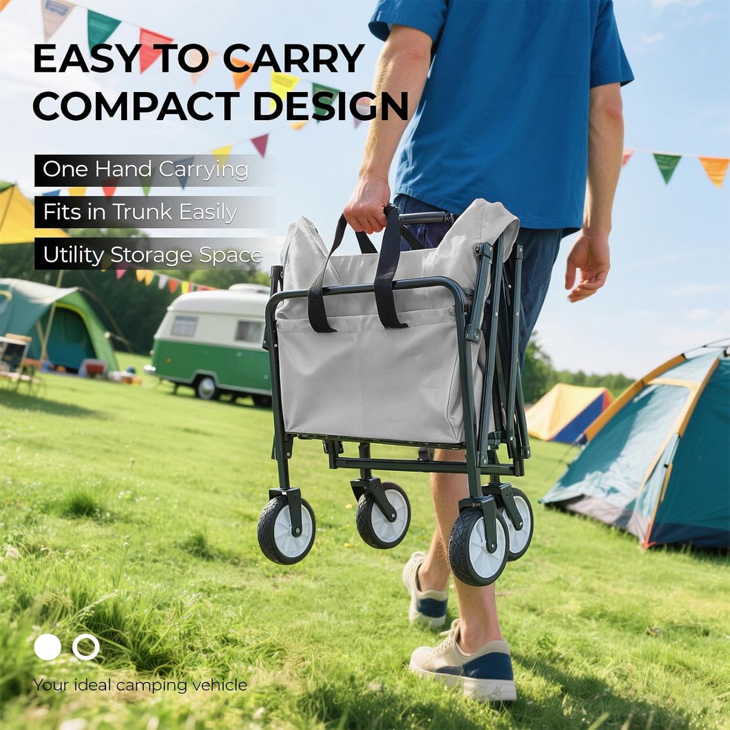 LAZY BUDDY Collapsible Folding Wagon 150 lbs Max Load, Heavy-Duty Portable Utility Shopping Cart, Lightweight Foldable Grocery Stroller, with 360° Wheels, Carry Bag, for Camping, Beach, Garden, Sports