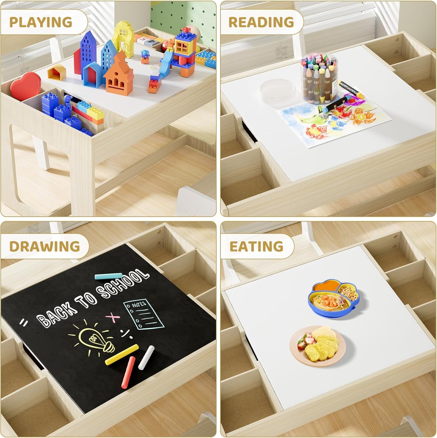 LAZY BUDDY Kids Table & Chair Set, 3 in 1 Children Wood Activity Table W/ Storage Detachable Tabletop for Children Drawing Reading Art Craft, Playroom, Nursery, Toddler Table and Chair Set