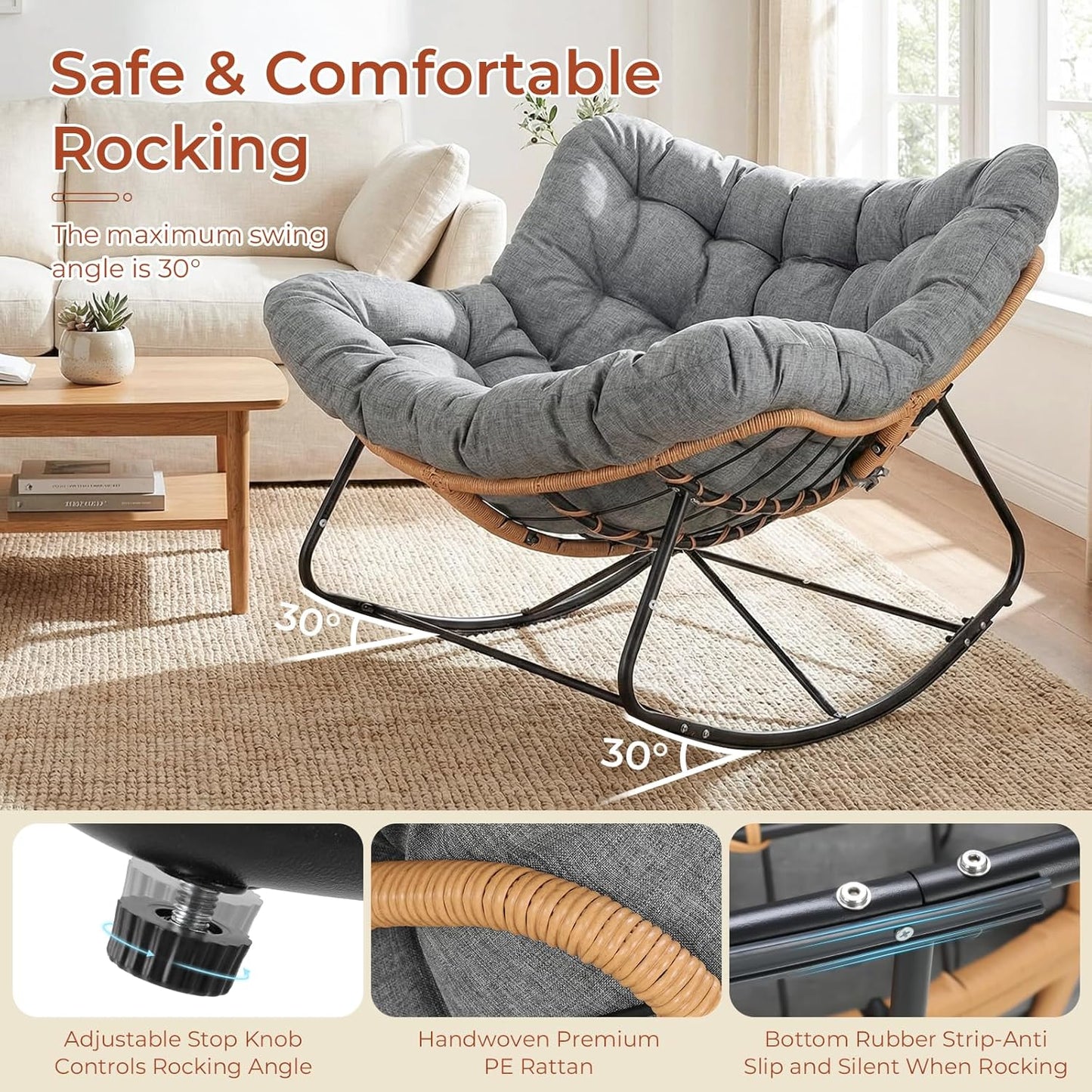 LAZY BUDDY Outdoor Rocking Chair with Ottoman, Oversized Papasan Rocking Chair with Thick Cushion, Indoor Outdoor Cozy Rocker for Balcony, Living Room, Patio