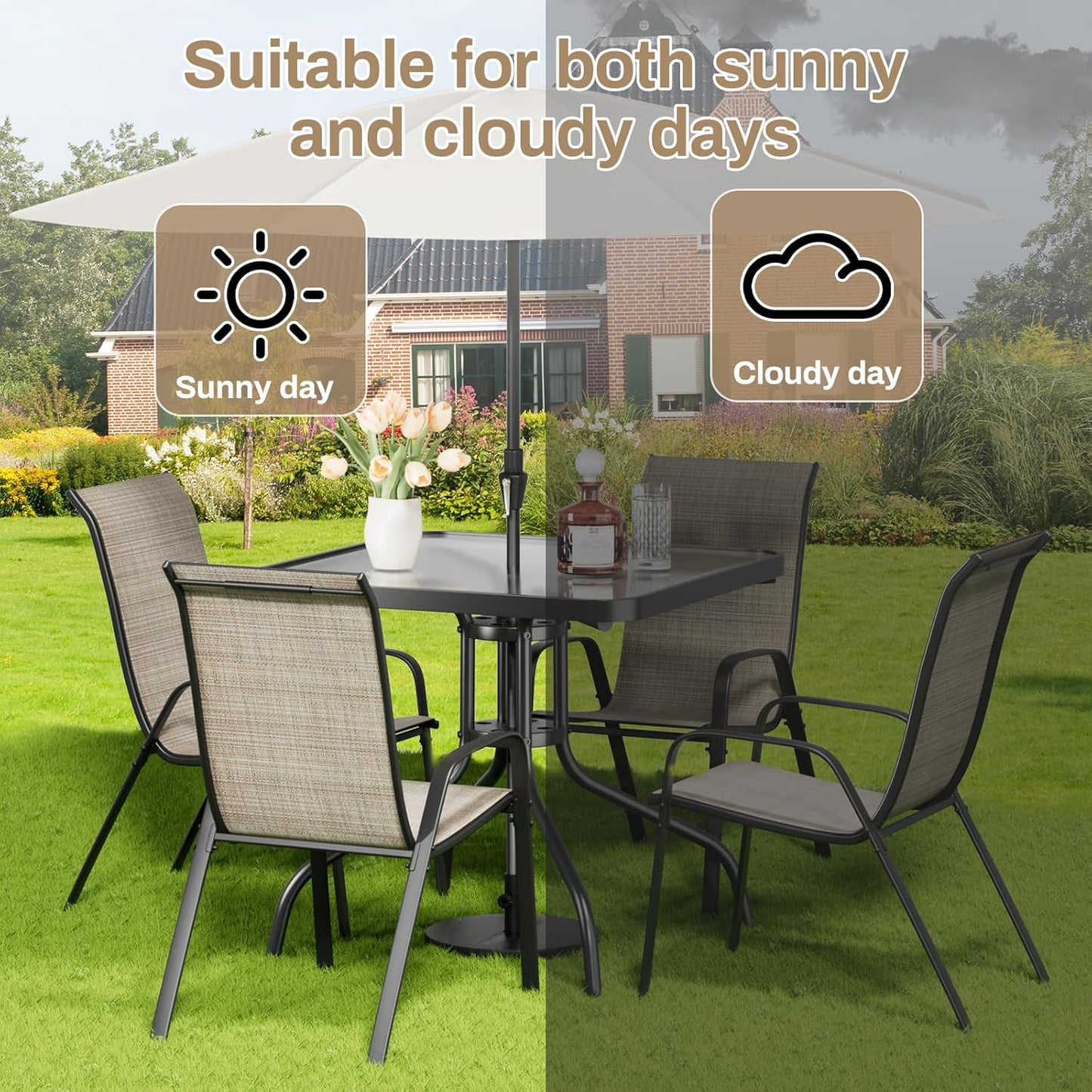 LAZY BUDDY 5-Piece Patio Dining Set, All Weather Outdoor Table with 4 Stackable Chairs for Garden Backyard Deck