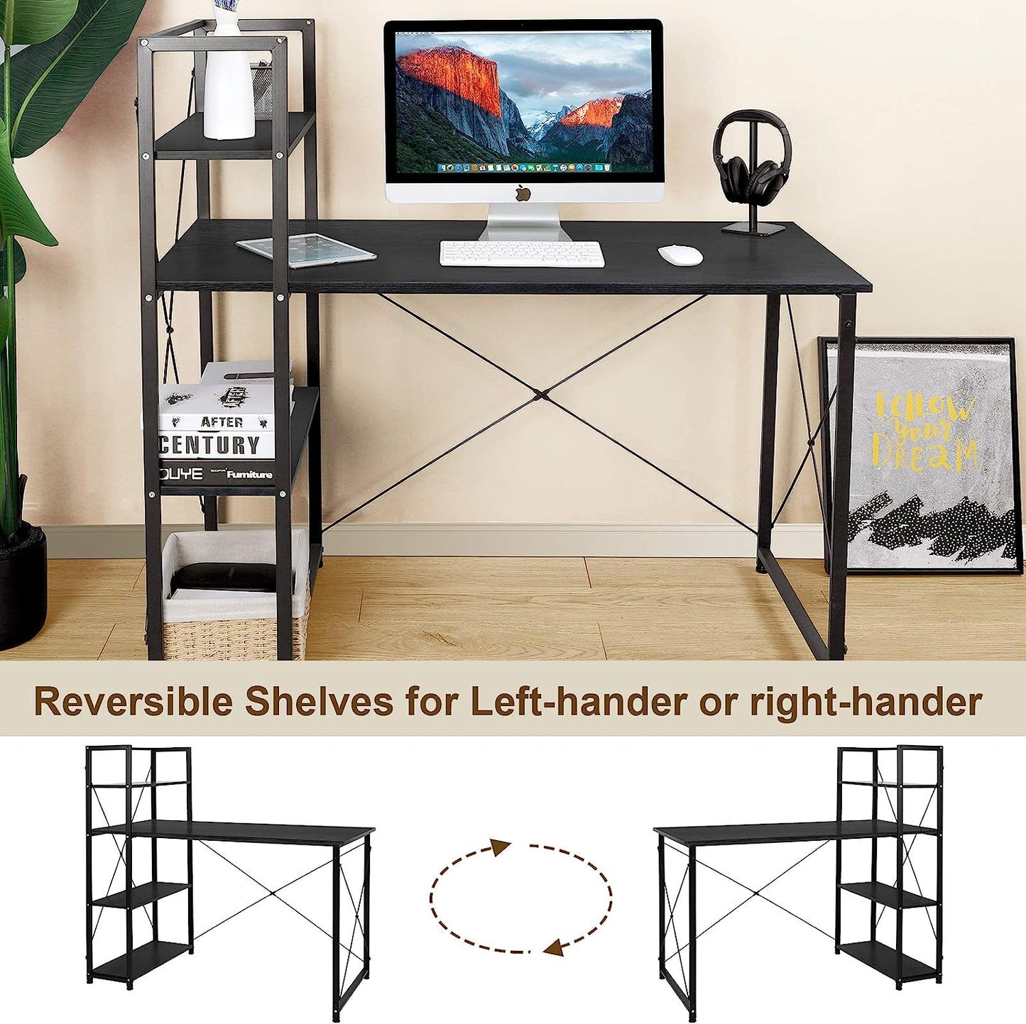 LAZY BUDDY 47'' Computer Desk with 4-Tier Storage Shelves Home Office Desk Studying Writing Table Workstation