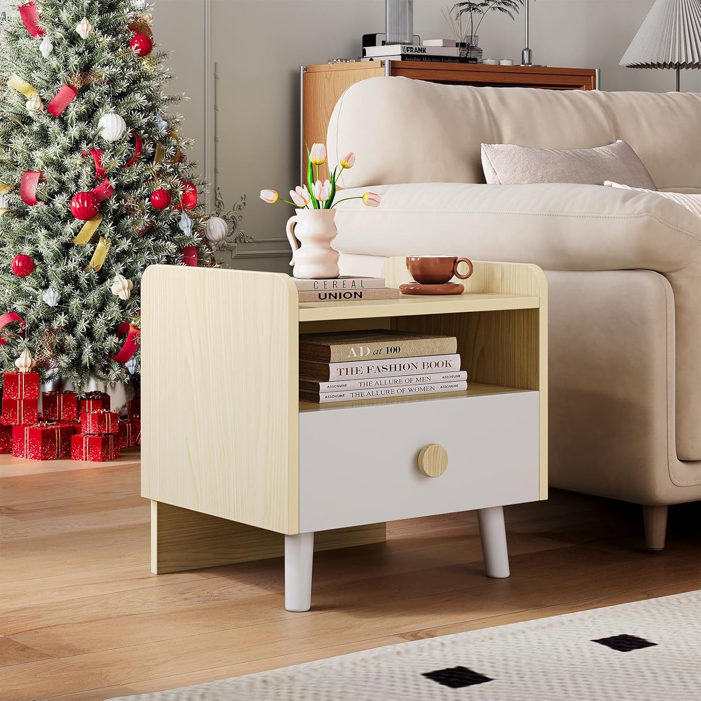 LAZY BUDDY Nightstand with Drawer, Wooden Side Table with Open Shelf, Sturdy Legs, Round Edge, Kid Bedside End for Bedroom Furniture Dorm Small Spaces