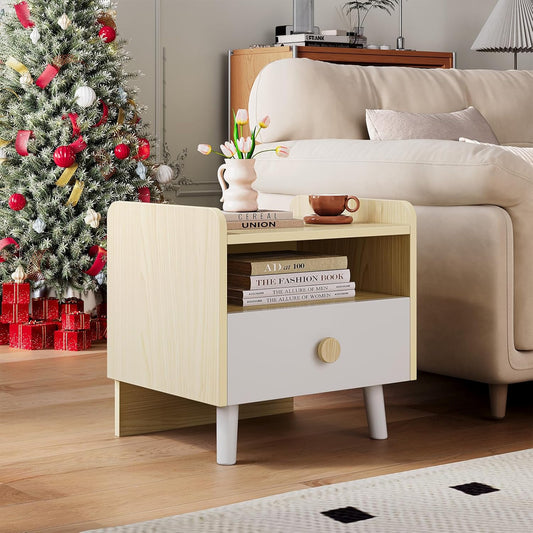 LAZY BUDDY Nightstand with Drawer, Wooden Side Table with Open Shelf, Sturdy Legs, Round Edge, Kid Bedside End for Bedroom Furniture Dorm Small Spaces